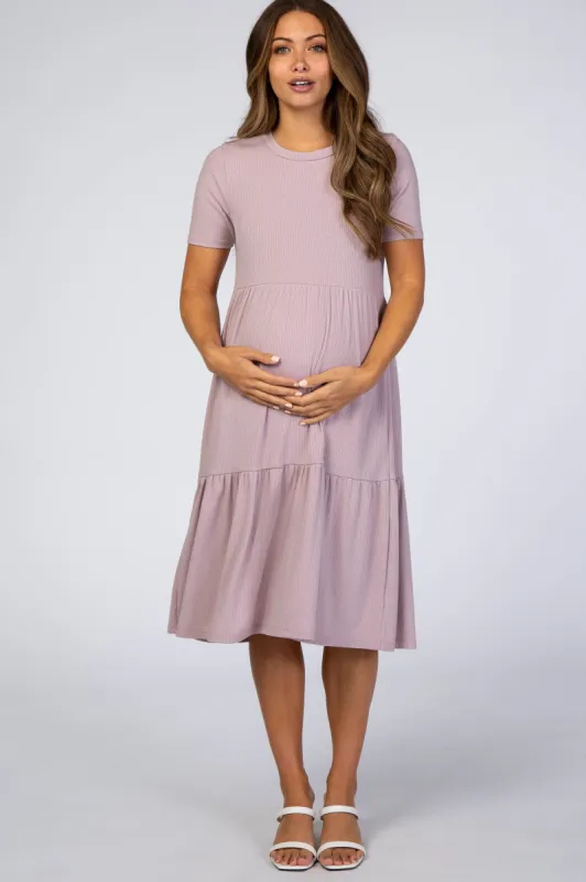 Lavender Ribbed Tiered Maternity Dress sold by Pinkblush