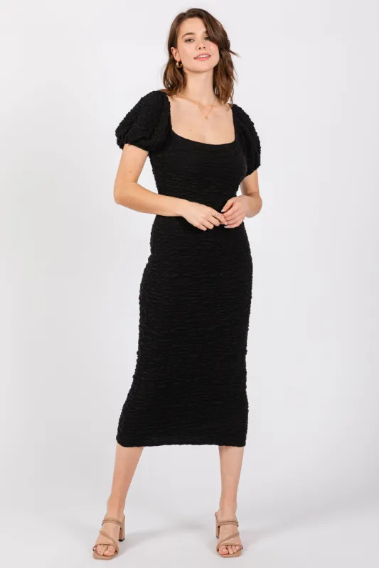 Black Textured Square Neck Puff Sleeve Midi Dress sold by Pinkblush