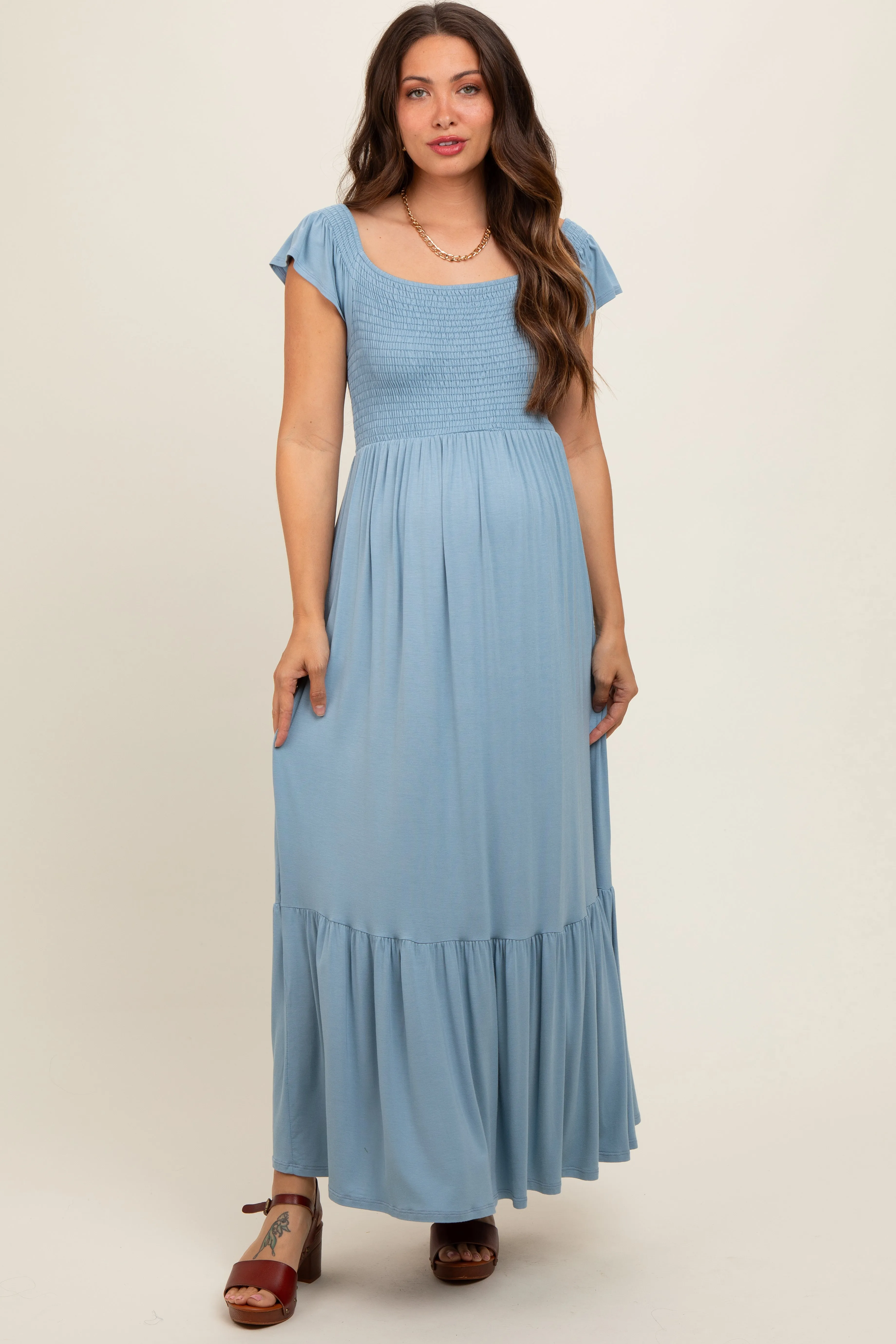 Light Blue Smocked Ruffle Hem Maternity Maxi Dress sold by Pinkblush product image thumbnail 2