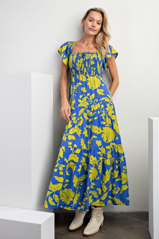 Blue Short Sleeve Printed Woven Maxi Dress sold by Pinkblush