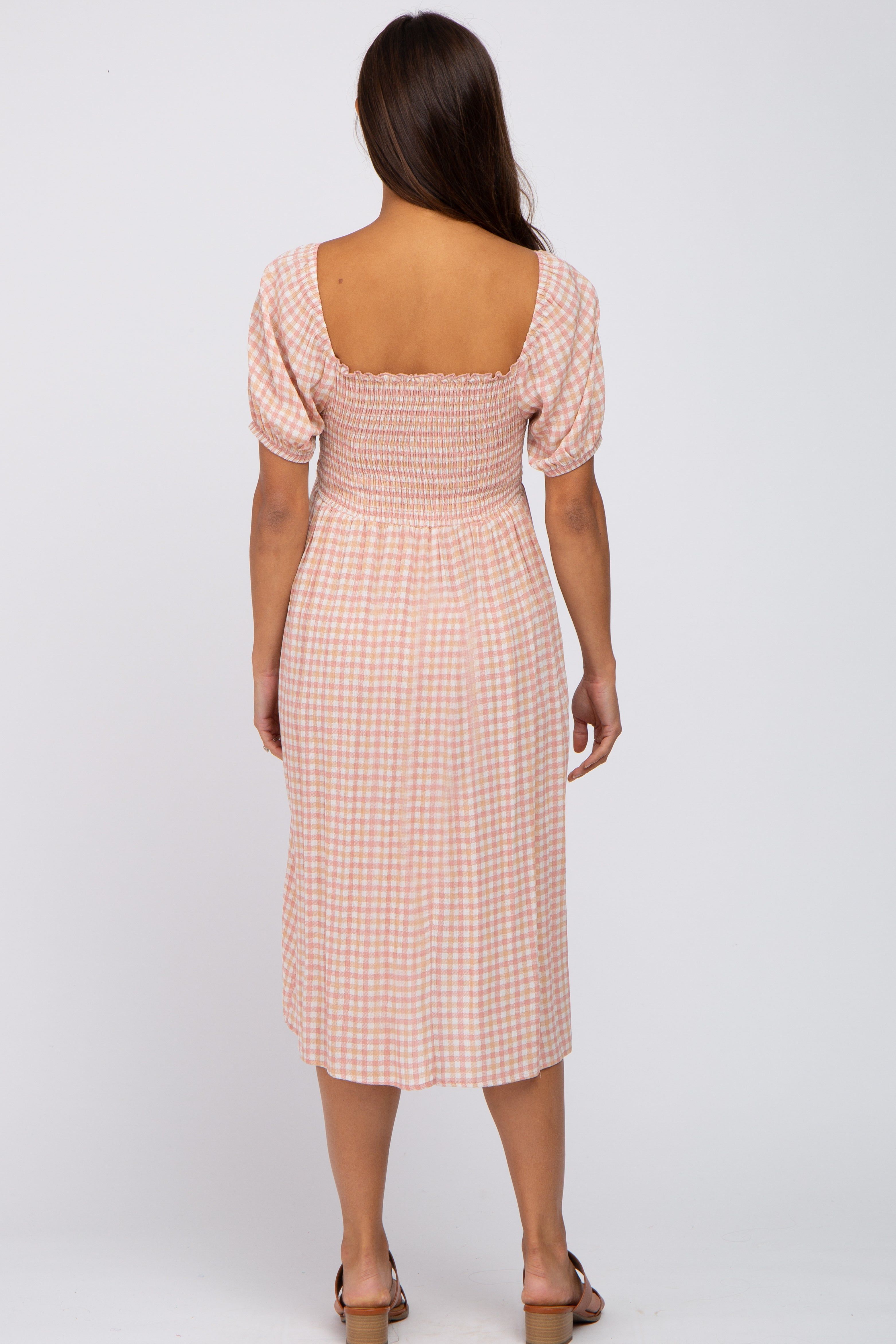 Pink Gingham Print Smocked Maternity Midi Dress sold by Pinkblush product image thumbnail 3