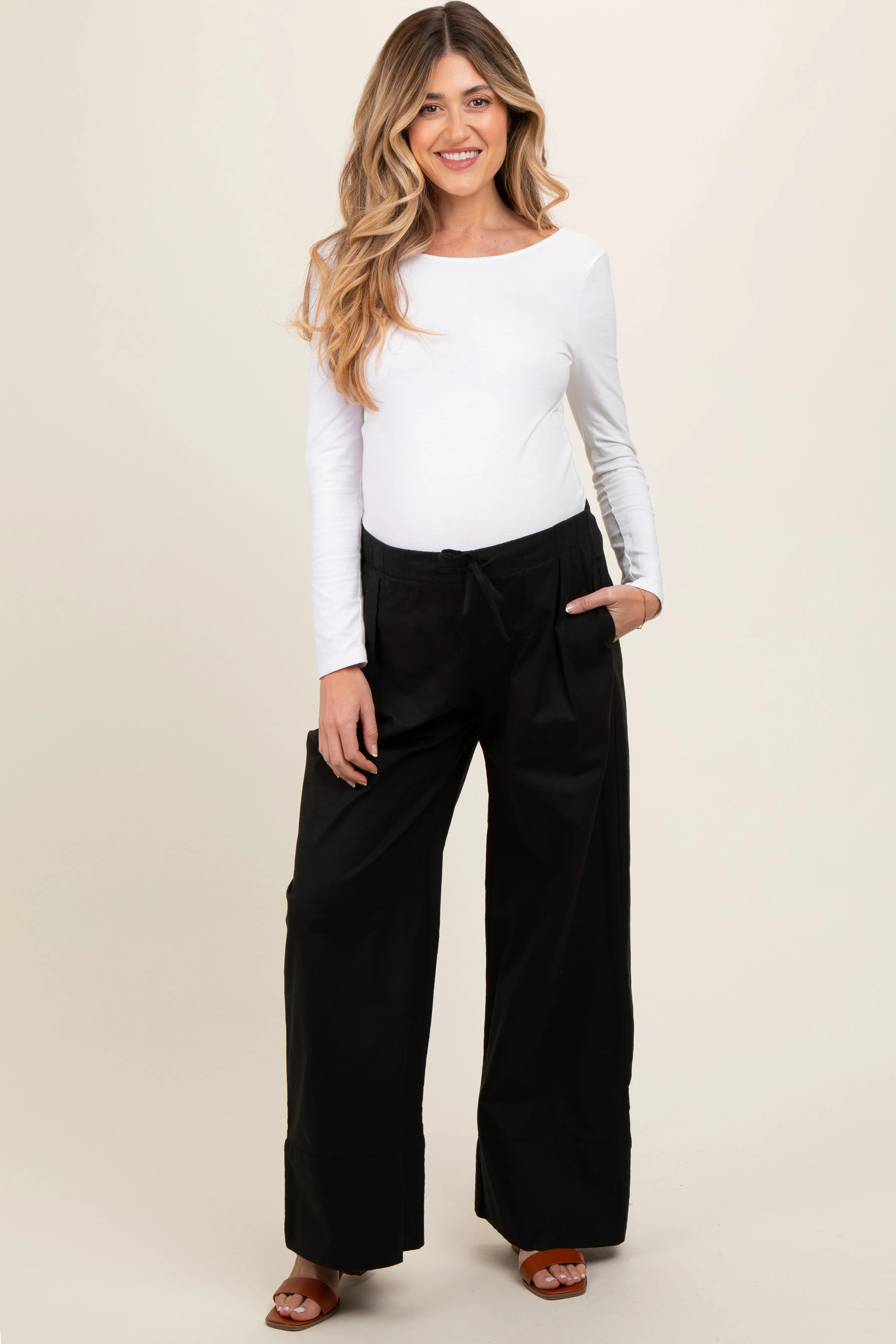 Black Pleated Drawstring Waist Maternity Pants sold by Pinkblush