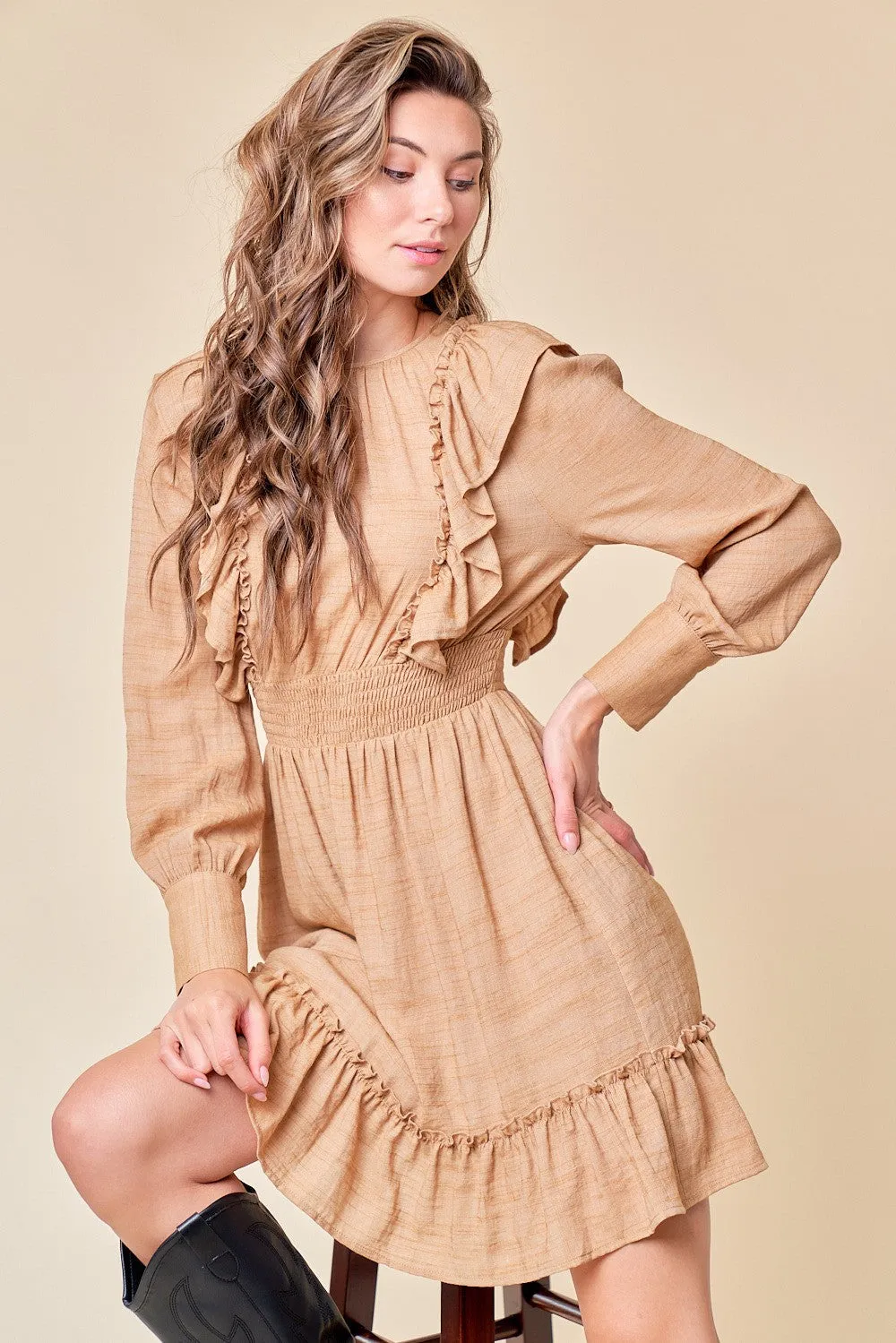 Sand Ruffle Woven Dress sold by Pinkblush