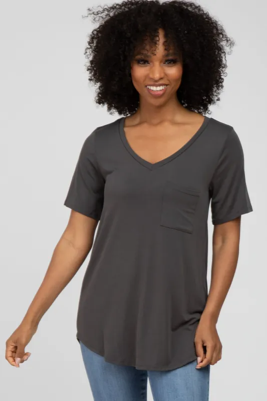 Charcoal V-Neck Front Pocket Short Sleeve Top sold by Pinkblush