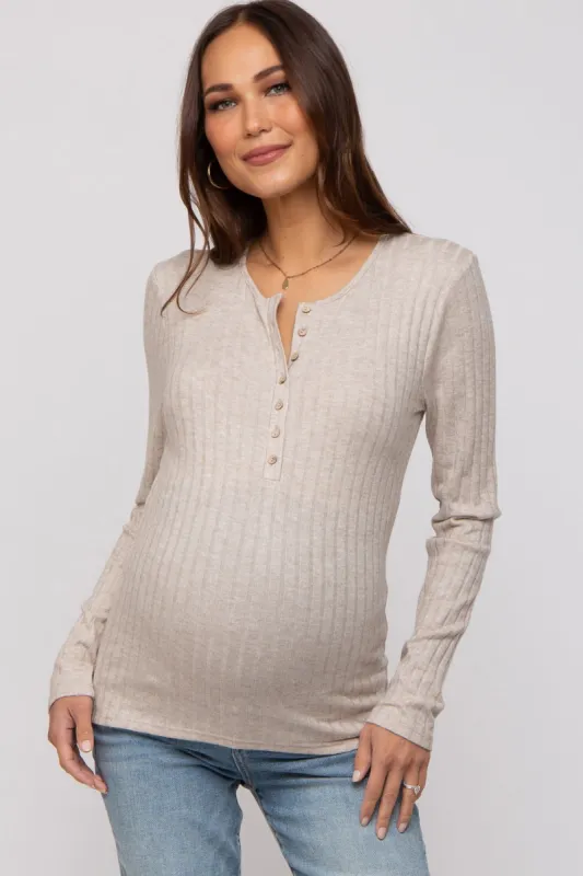 Beige Ribbed Knit Button Long Sleeve Maternity Top sold by Pinkblush