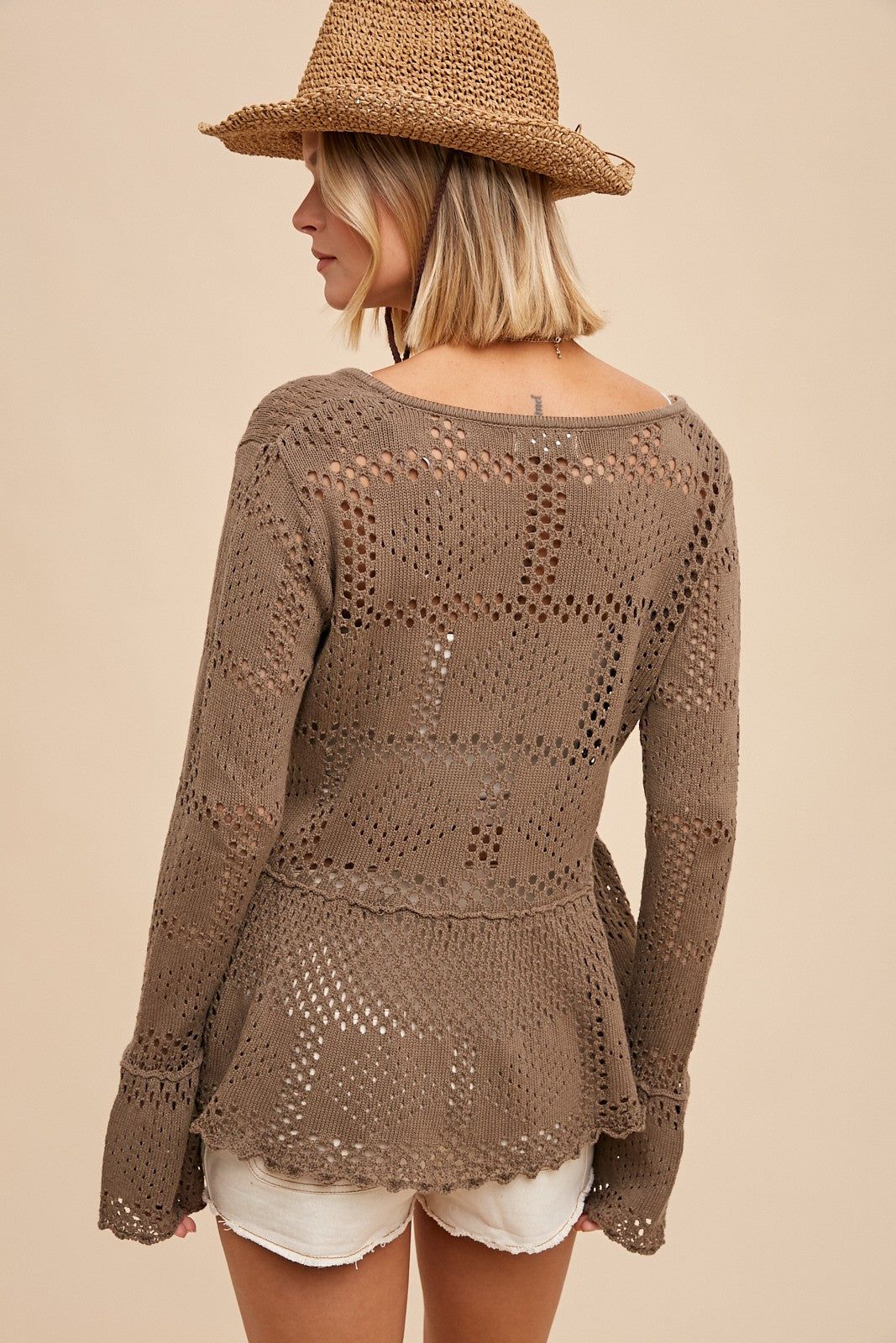 Taupe Pointelle Knit Peplum Sweater sold by Pinkblush product image thumbnail 3