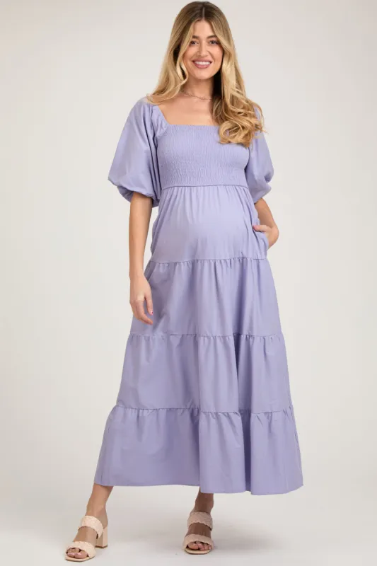 Lavender Smocked Square Neck Puff Sleeve Tiered Maternity Maxi Dress sold by Pinkblush