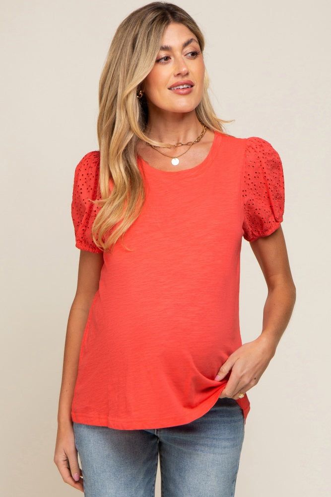 Coral Eyelet Lace Short Sleeve Maternity Top sold by Pinkblush product image thumbnail 2