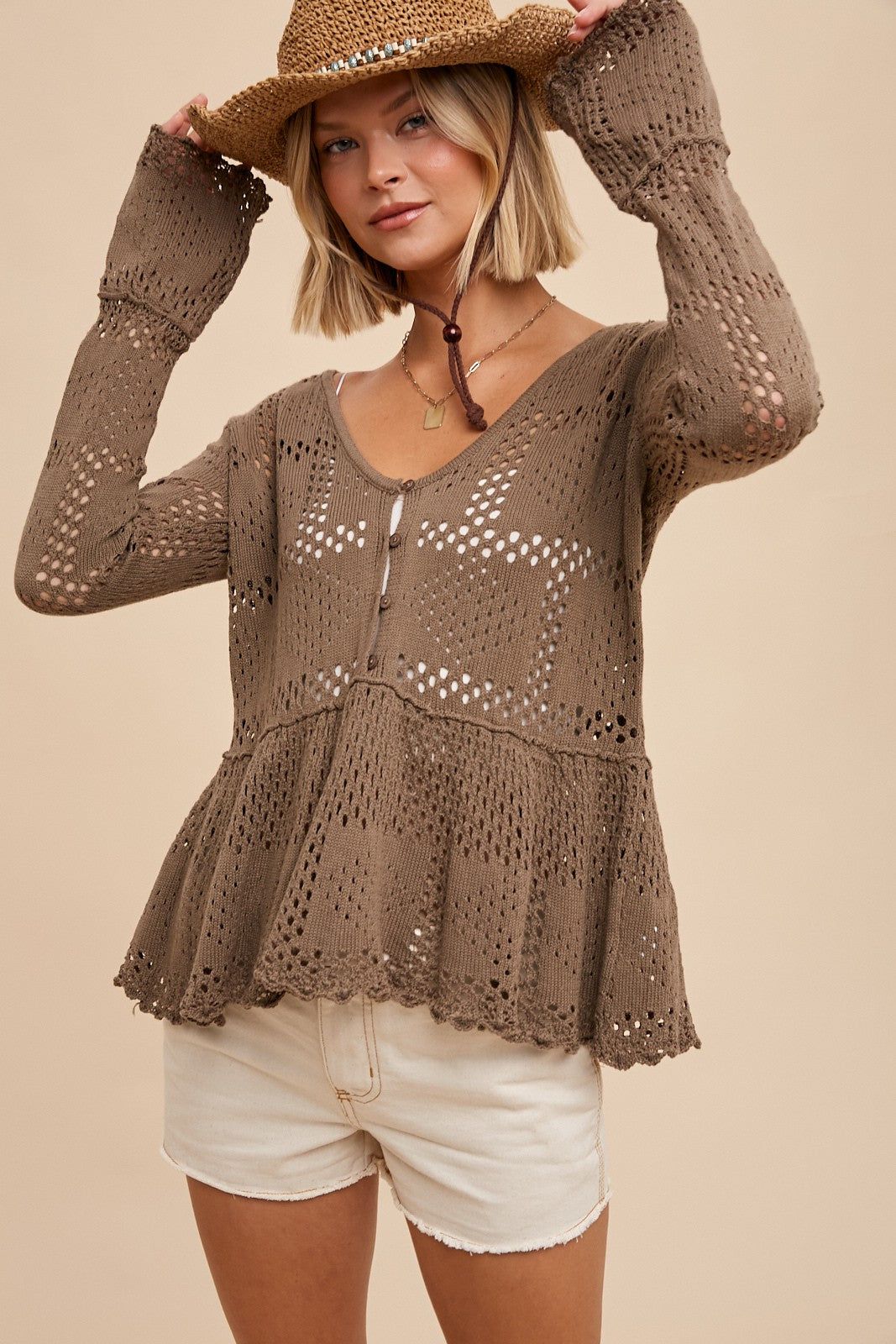Taupe Pointelle Knit Peplum Sweater sold by Pinkblush