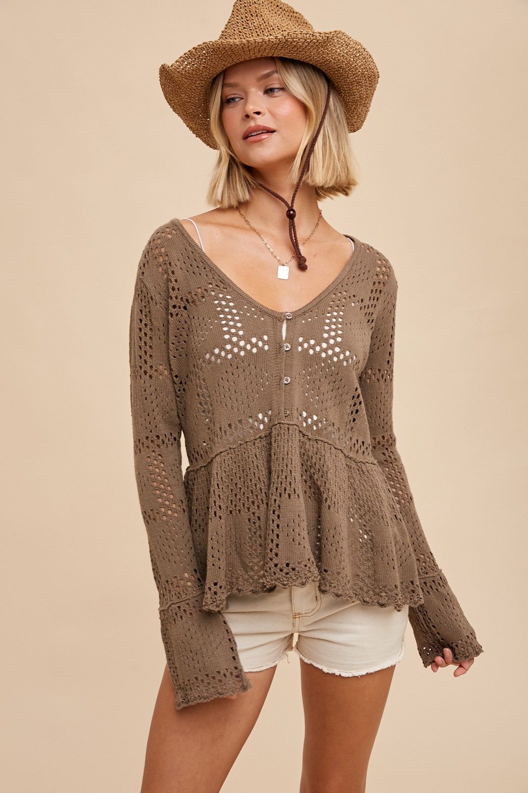 Taupe Pointelle Knit Peplum Sweater sold by Pinkblush product image thumbnail 2