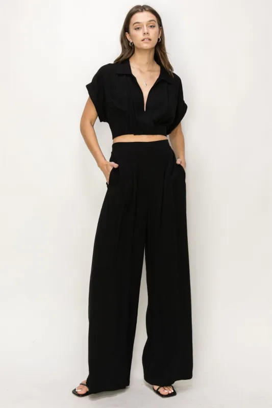 Black Top And Wide Leg Pants Set sold by Pinkblush