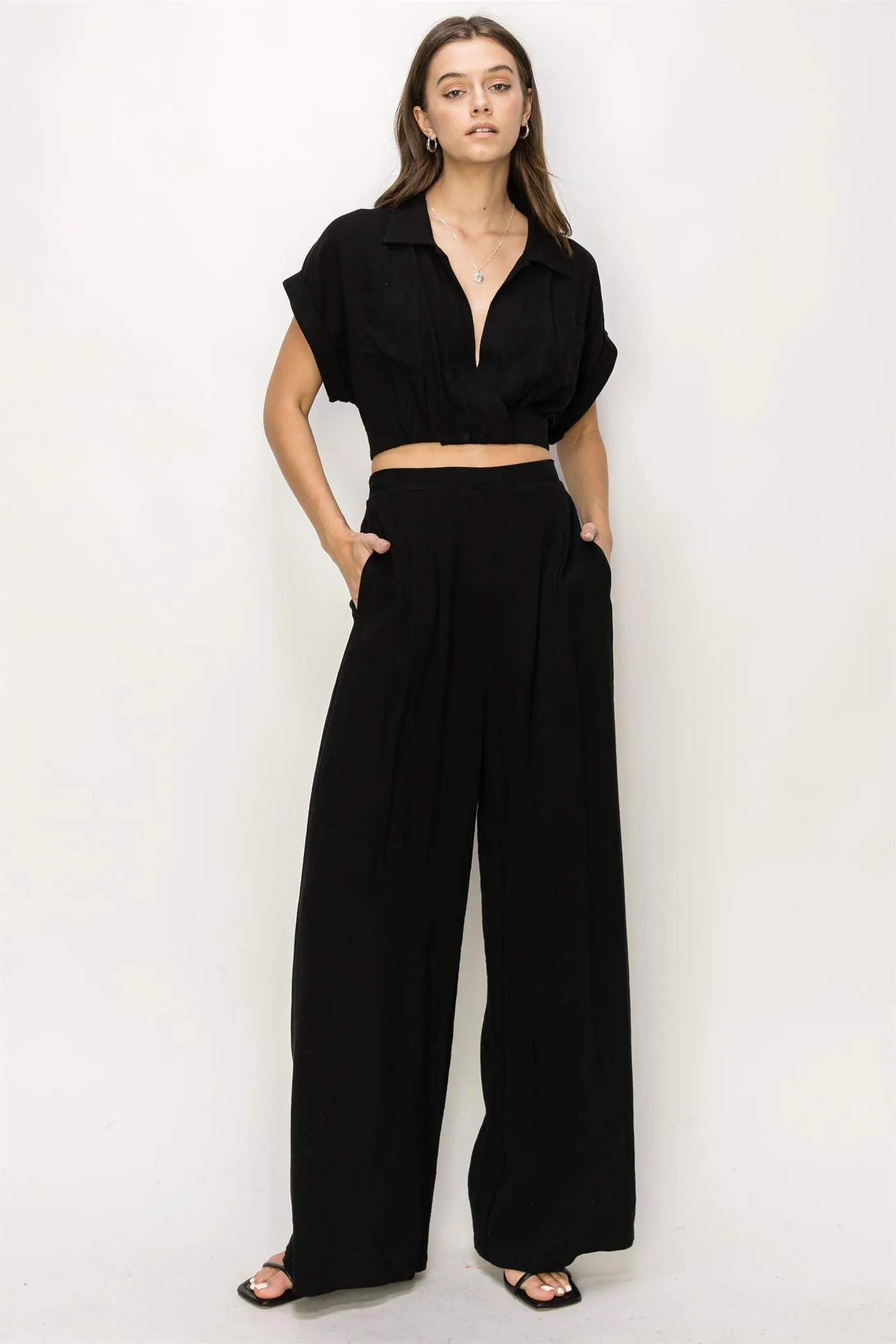 Black Top And Wide Leg Pants Set sold by Pinkblush