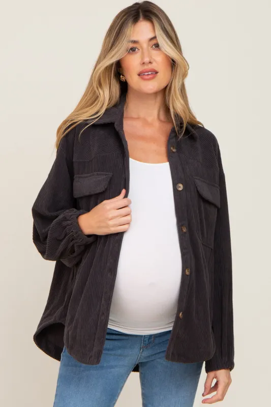 Charcoal Corduroy Front Pocket Maternity Shacket sold by Pinkblush