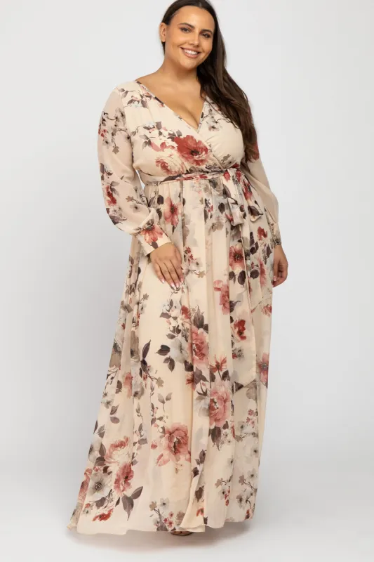 Cream Floral Chiffon Plus Maxi Dress sold by Pinkblush