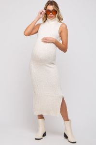 Cream Fuzzy Knit Sleeveless Turtle Neck Maternity Midi Dress sold by Pinkblush