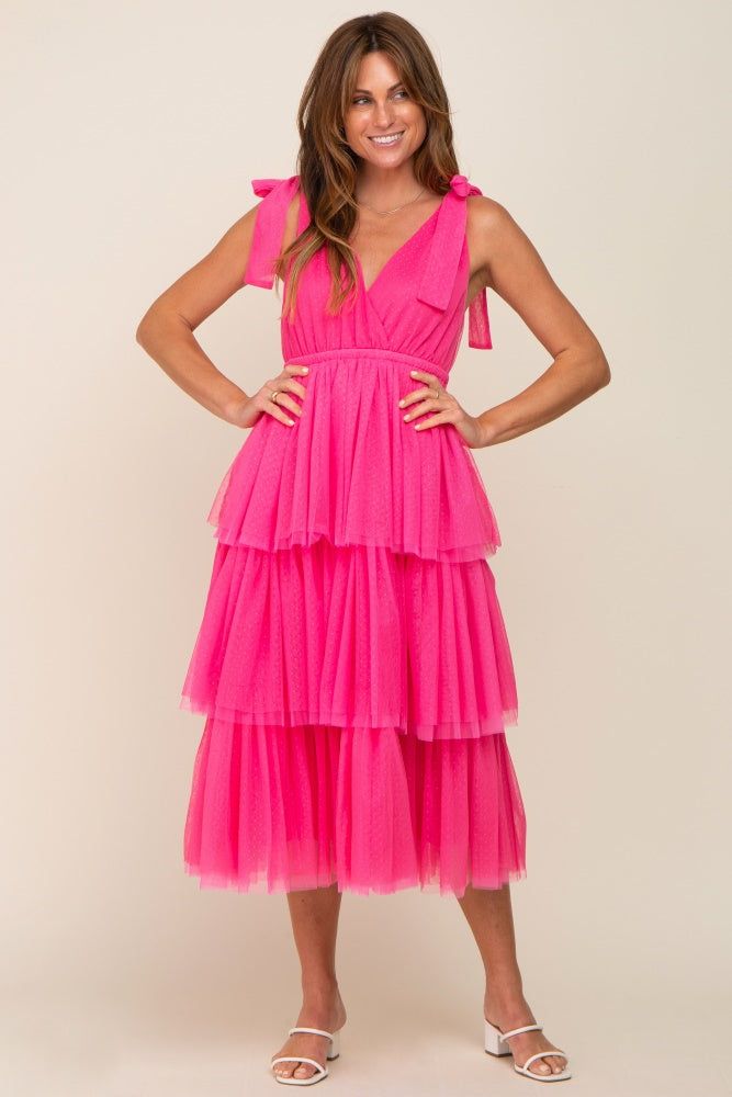 Fuchsia Sleeveless Tiered Tie Strap Tulle Midi Dress sold by Pinkblush product image thumbnail 4