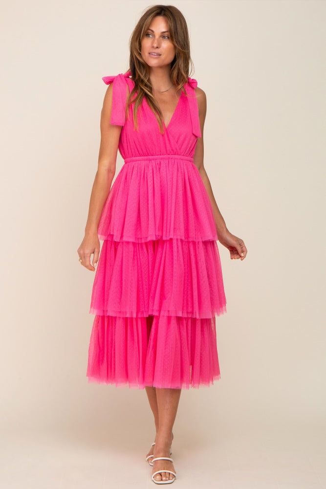 Fuchsia Sleeveless Tiered Tie Strap Tulle Midi Dress sold by Pinkblush