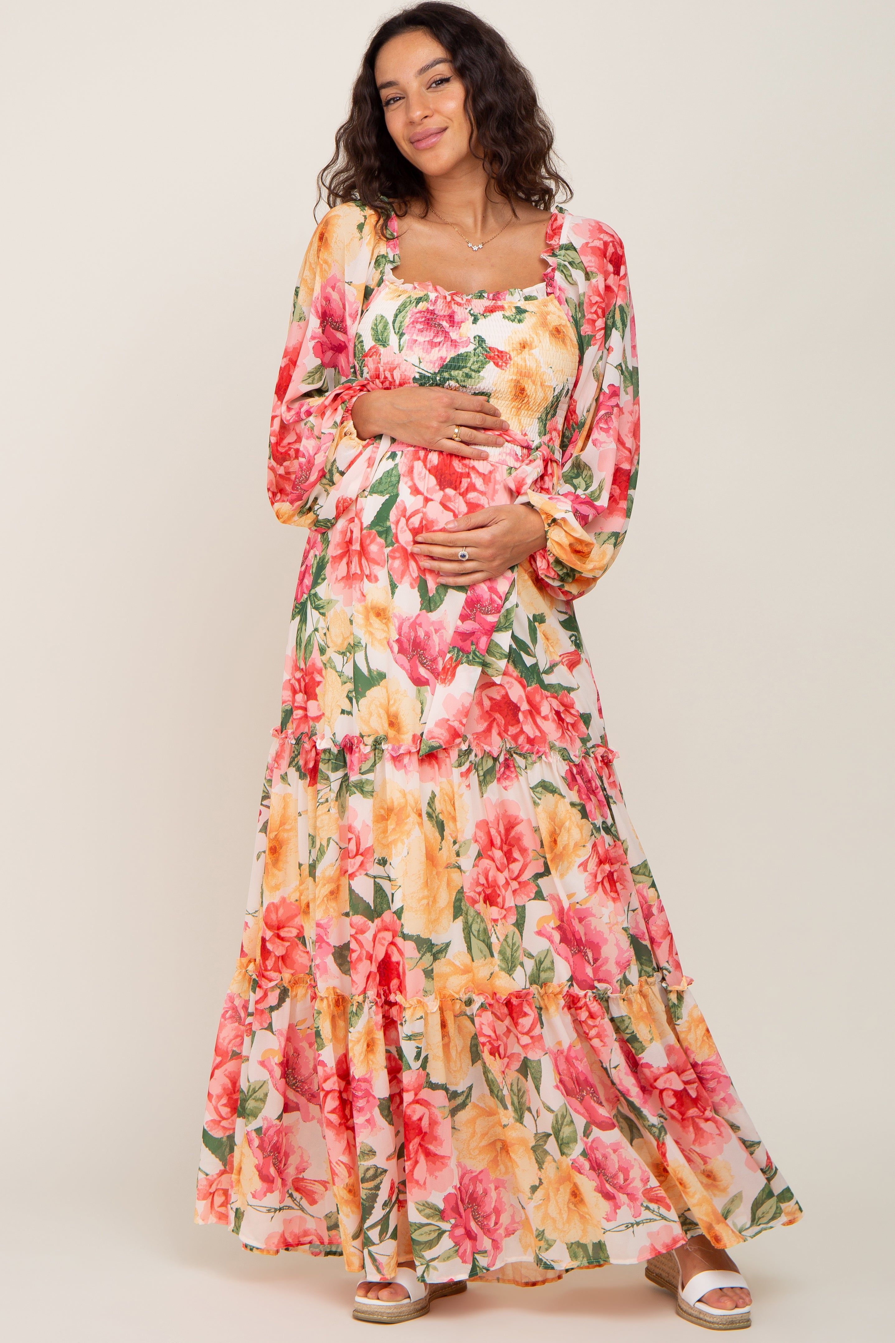 Ivory Floral Chiffon Smocked Off Shoulder Maternity Maxi Dress sold by Pinkblush product image thumbnail 5