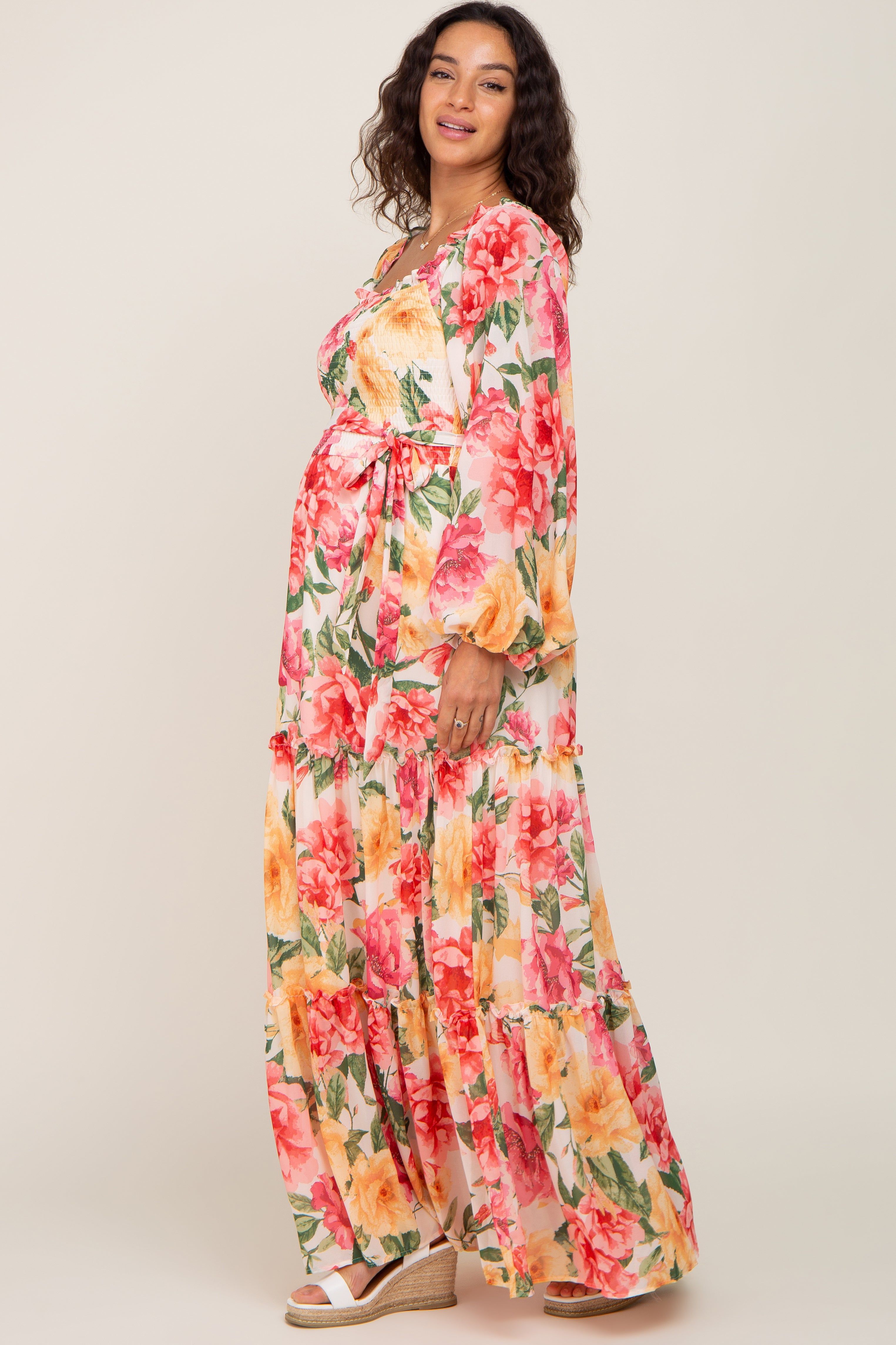Ivory Floral Chiffon Smocked Off Shoulder Maternity Maxi Dress sold by Pinkblush product image thumbnail 2