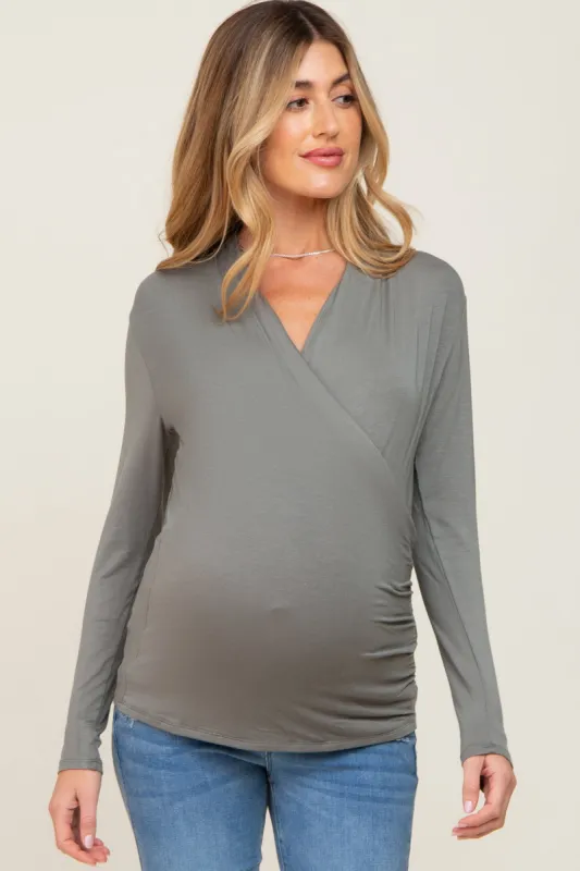 Light Olive Long Sleeve Wrap Maternity Nursing Top sold by Pinkblush