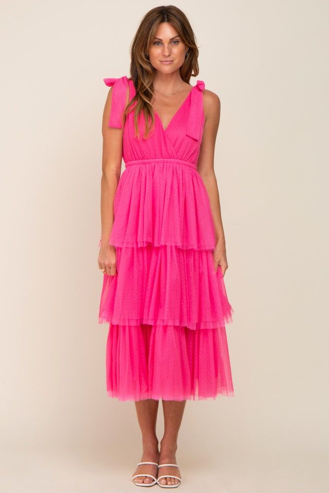 Fuchsia Sleeveless Tiered Tie Strap Tulle Midi Dress sold by Pinkblush product image thumbnail 5