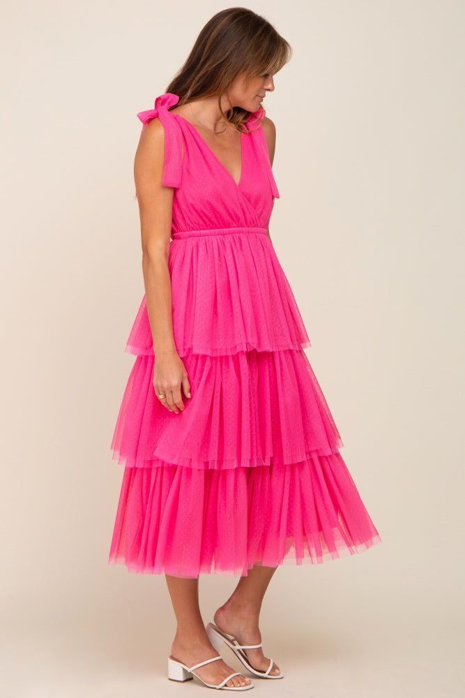 Fuchsia Sleeveless Tiered Tie Strap Tulle Midi Dress sold by Pinkblush product image thumbnail 2