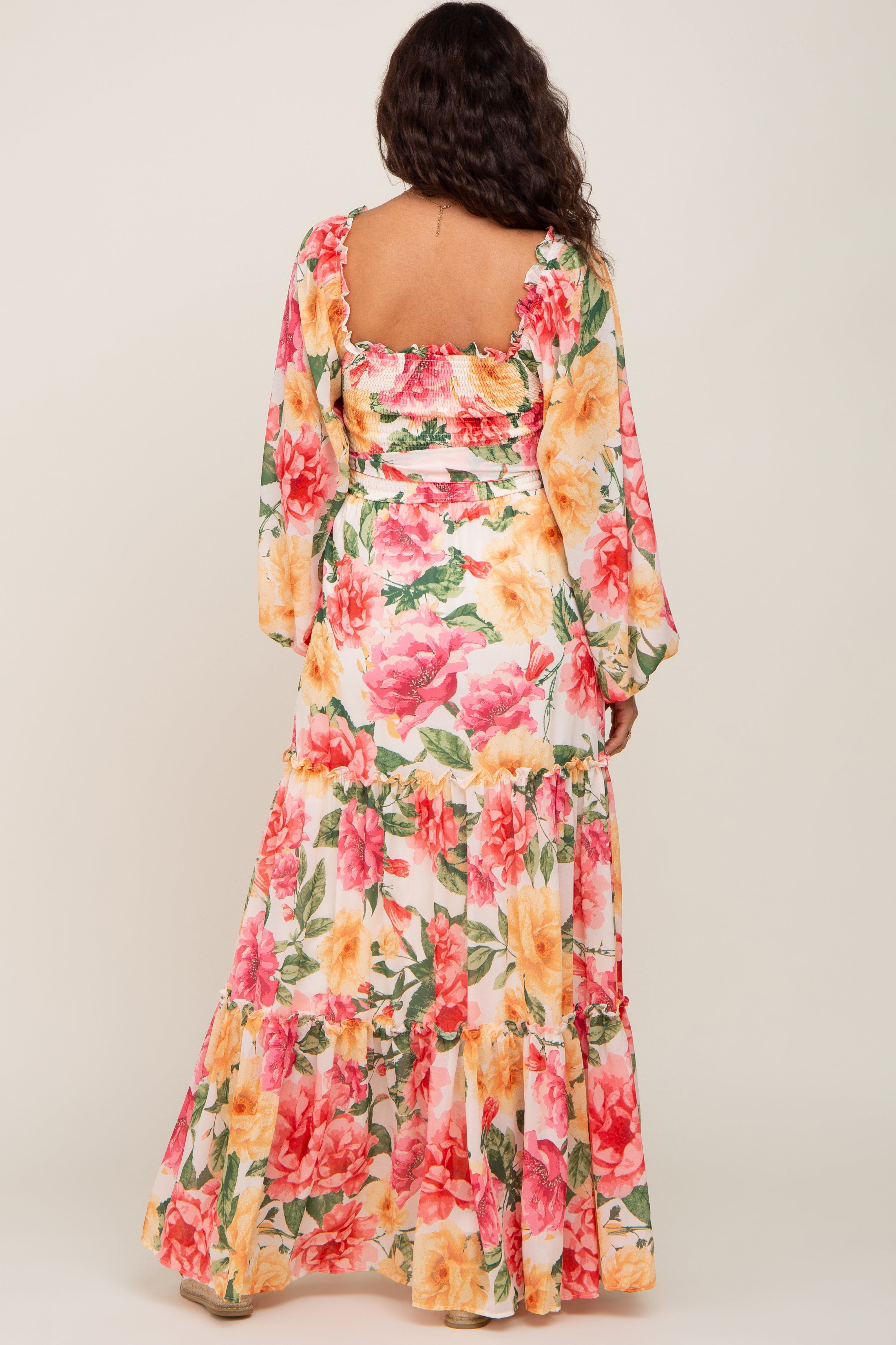 Ivory Floral Chiffon Smocked Off Shoulder Maternity Maxi Dress sold by Pinkblush product image thumbnail 3