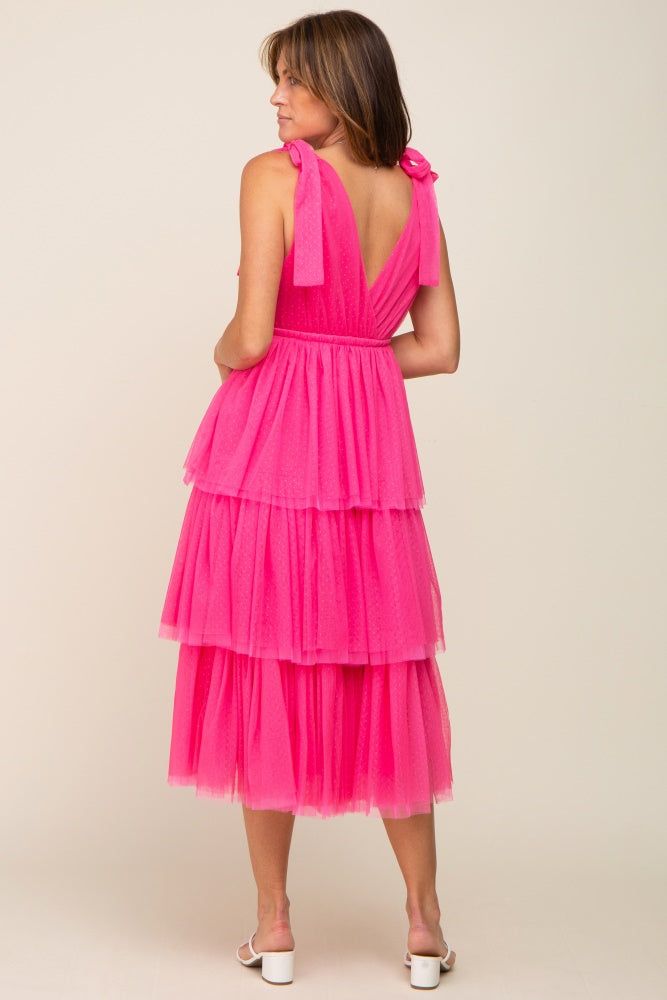 Fuchsia Sleeveless Tiered Tie Strap Tulle Midi Dress sold by Pinkblush product image thumbnail 3