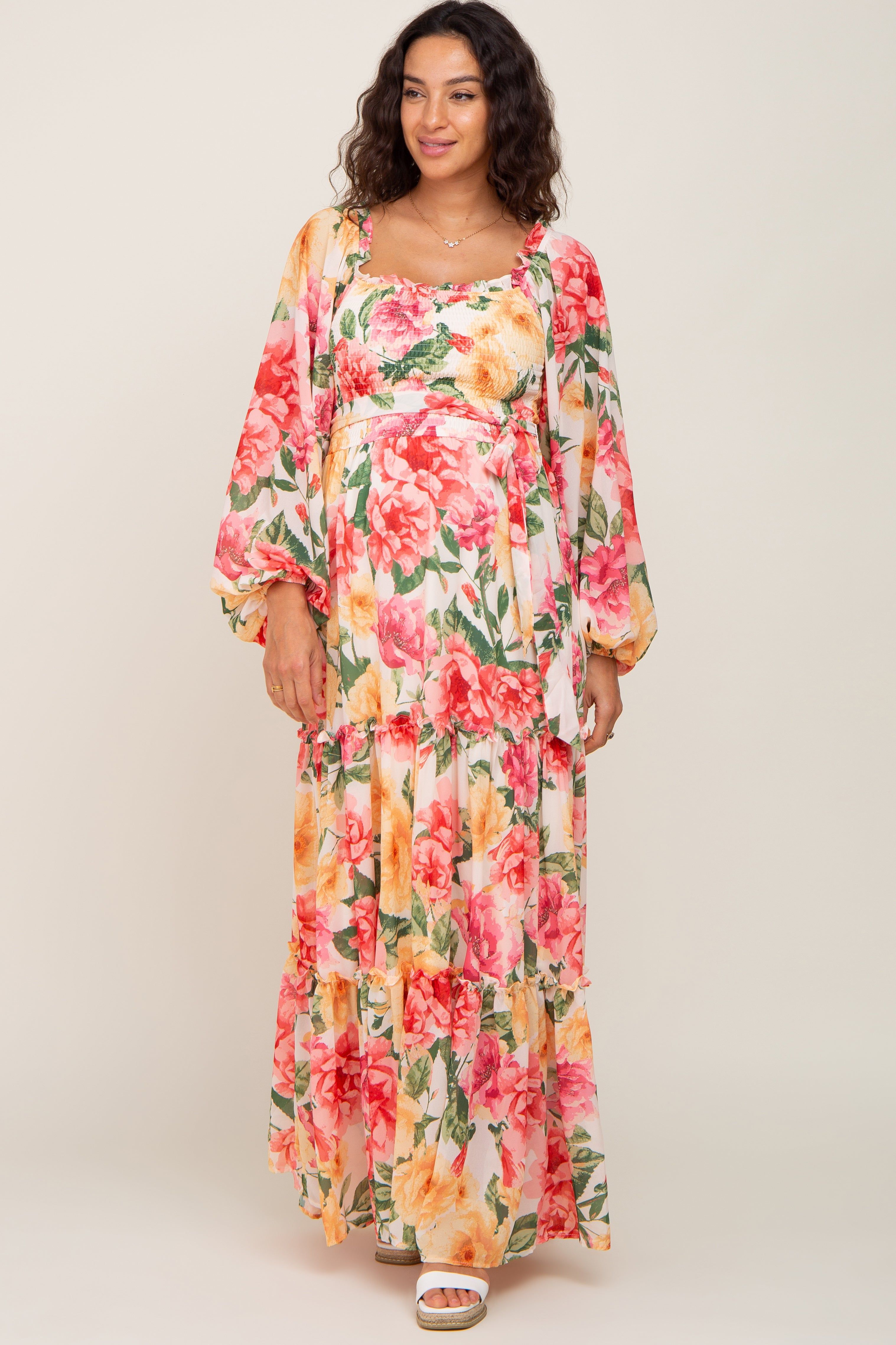 Ivory Floral Chiffon Smocked Off Shoulder Maternity Maxi Dress sold by Pinkblush product image thumbnail 4