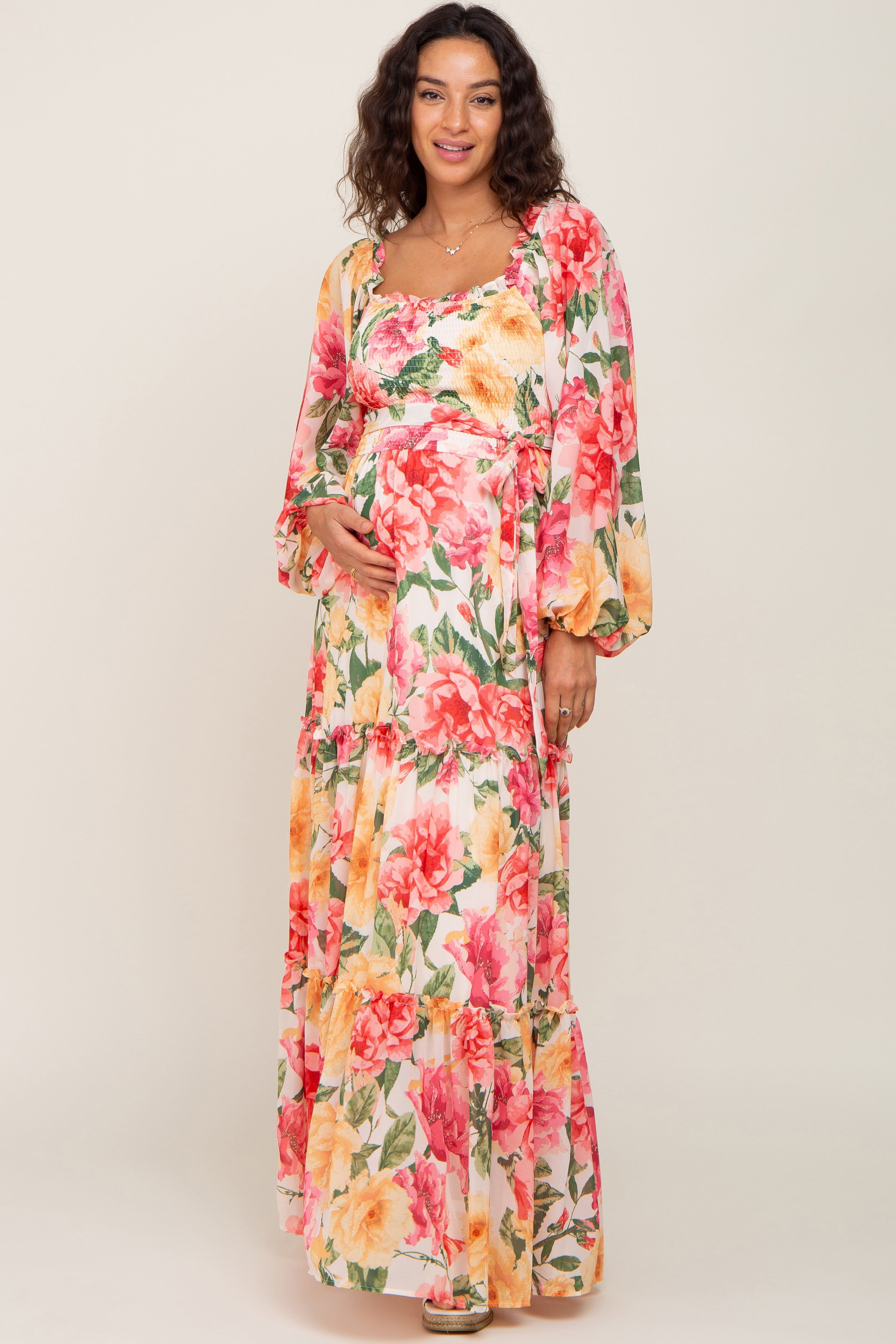 Ivory Floral Chiffon Smocked Off Shoulder Maternity Maxi Dress sold by Pinkblush