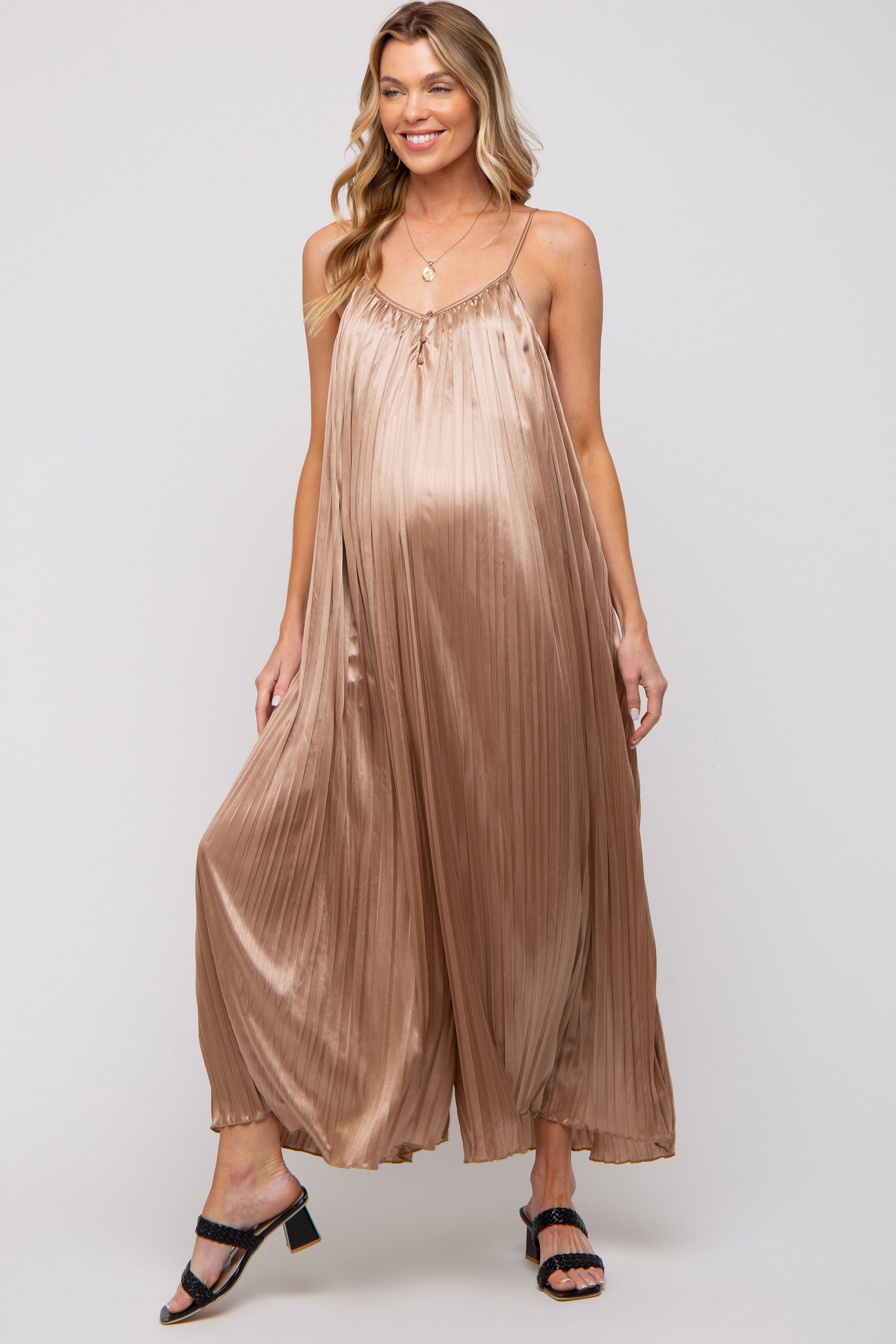 Mocha Pleated Wide Leg Sleeveless Maternity Jumpsuit sold by Pinkblush product image thumbnail 2