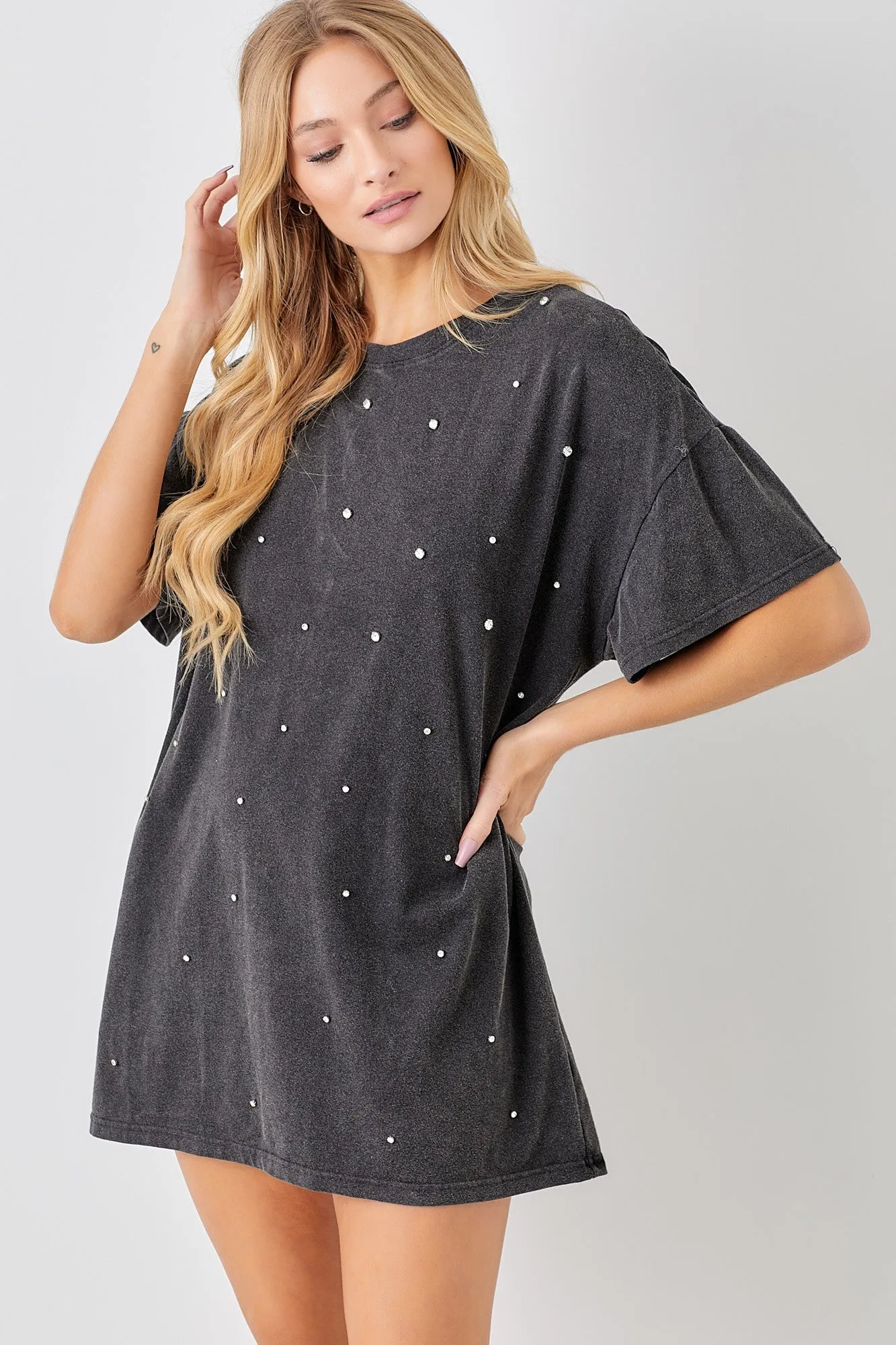 Black T-Shirt Dress With Rhinestone Detail sold by Pinkblush product image thumbnail 2