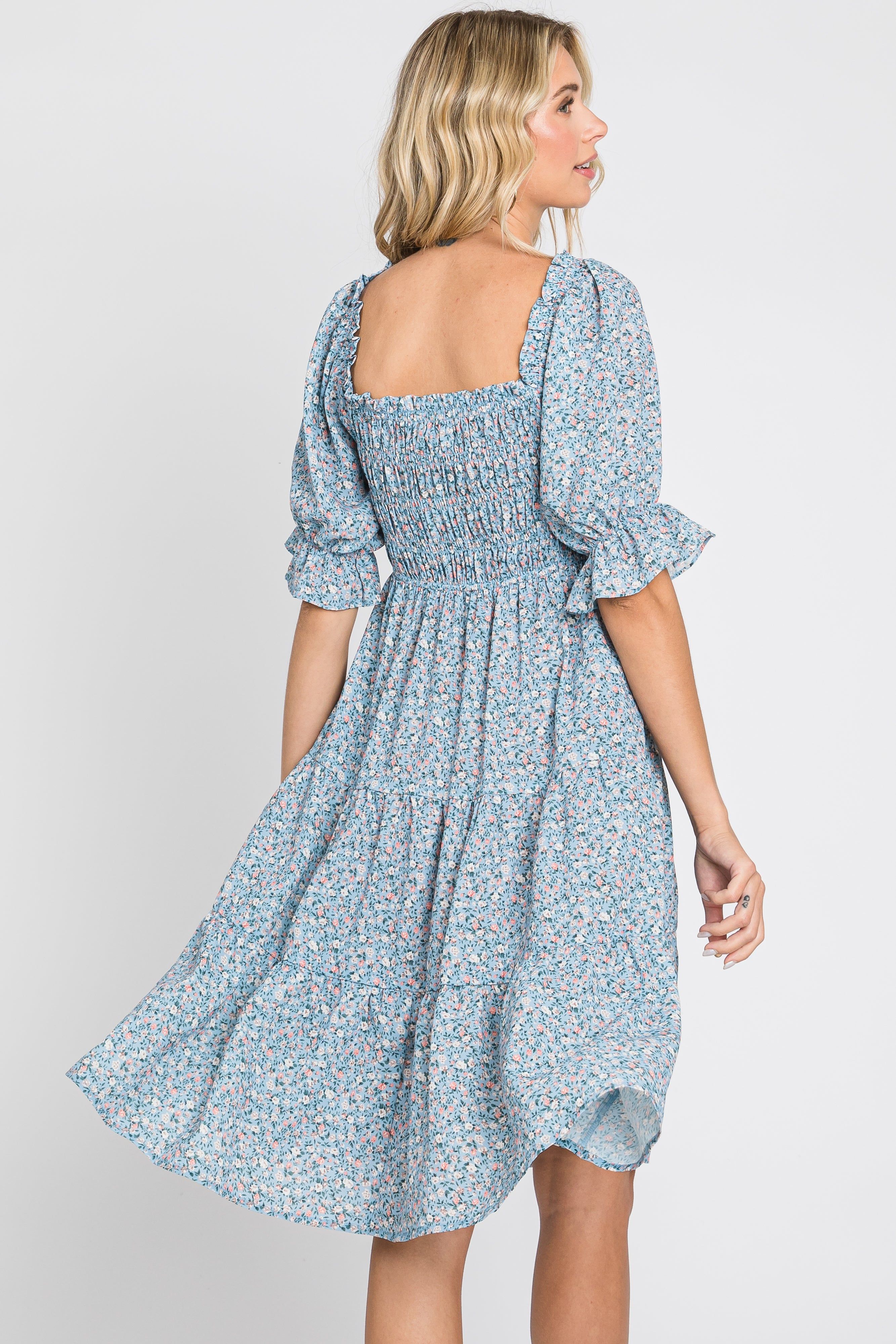 Blue Floral Smocked Tiered Dress sold by Pinkblush product image thumbnail 4