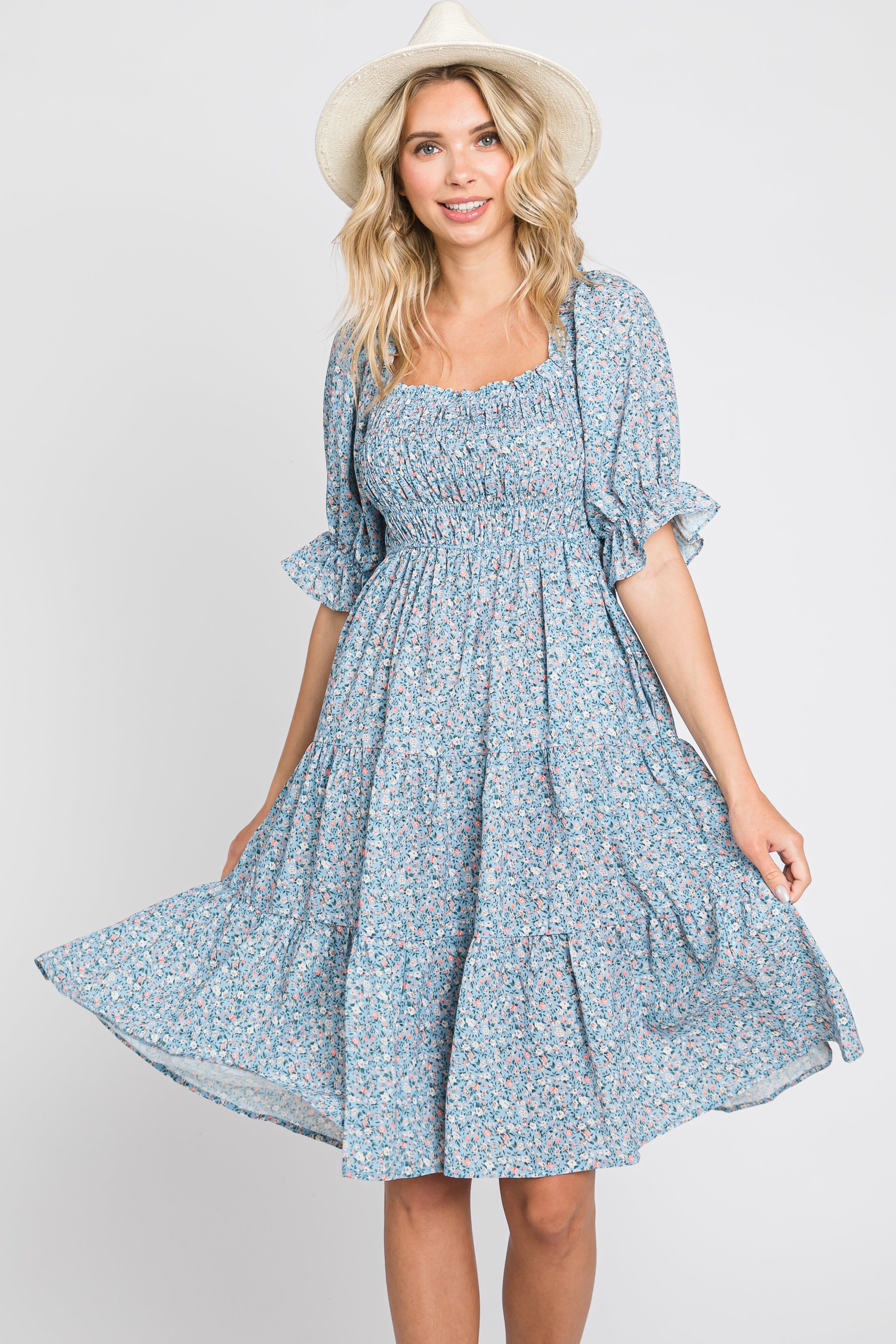 Blue Floral Smocked Tiered Dress sold by Pinkblush