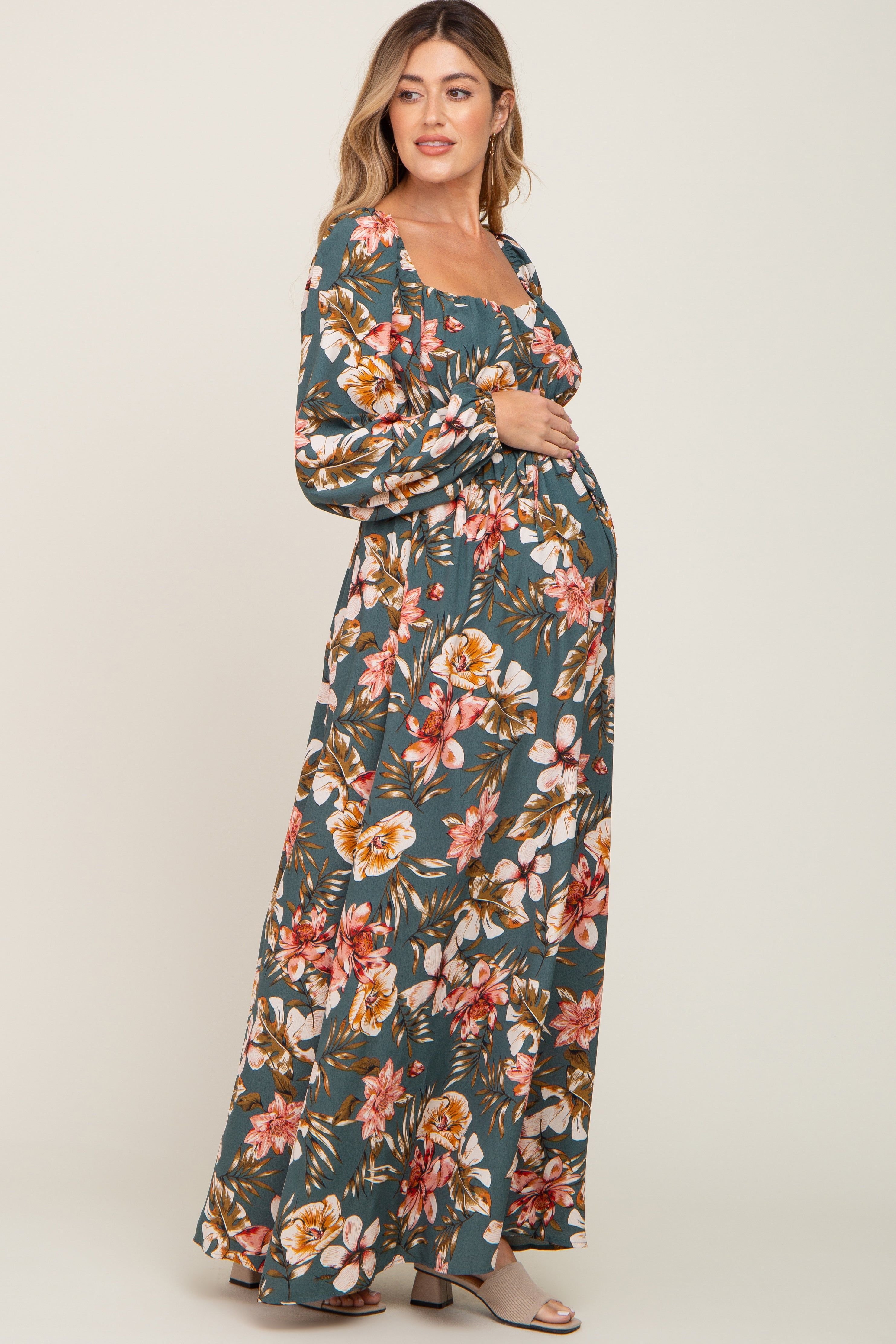 Teal Tropical Floral Maternity Maxi Dress sold by Pinkblush