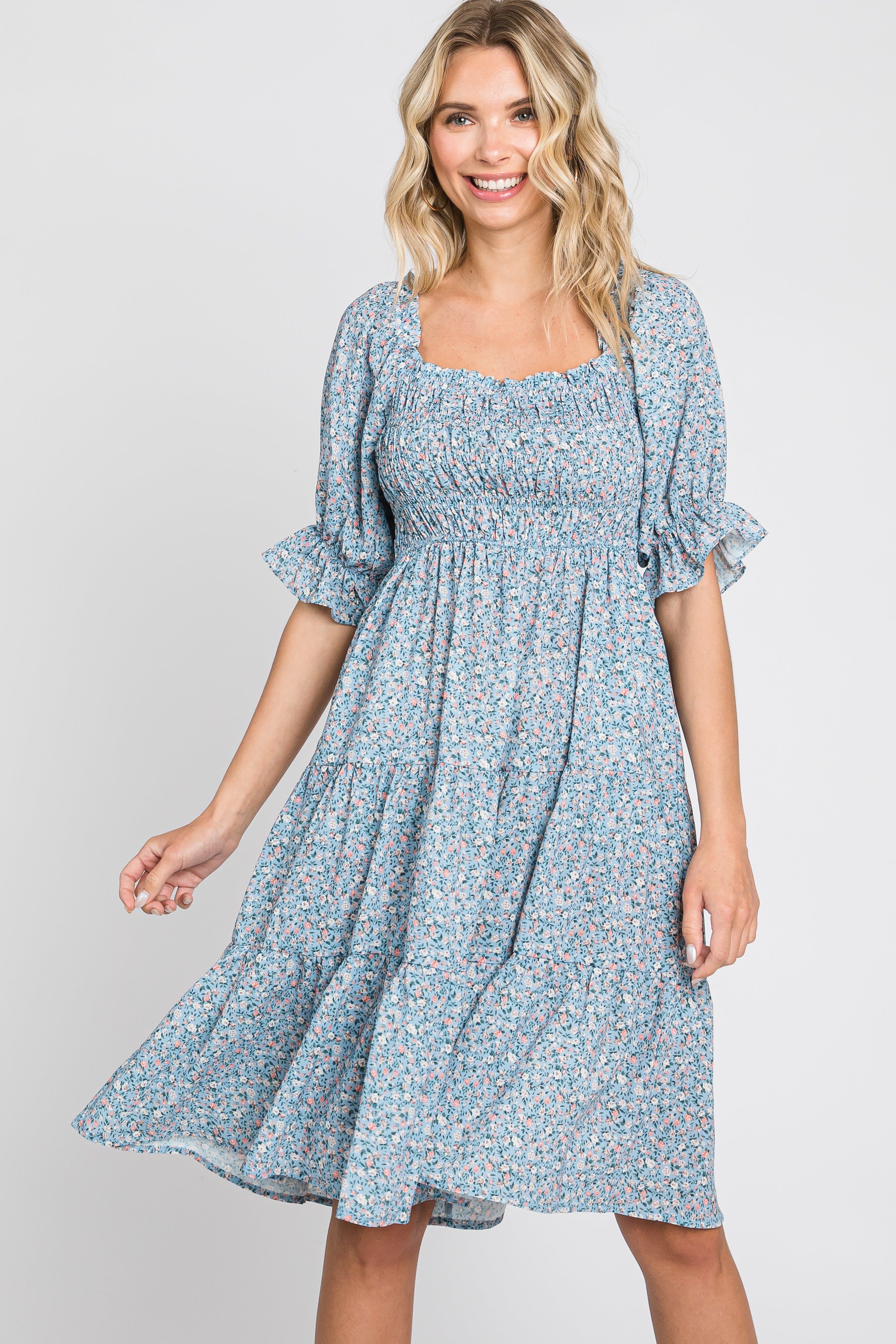 Blue Floral Smocked Tiered Dress sold by Pinkblush product image thumbnail 2