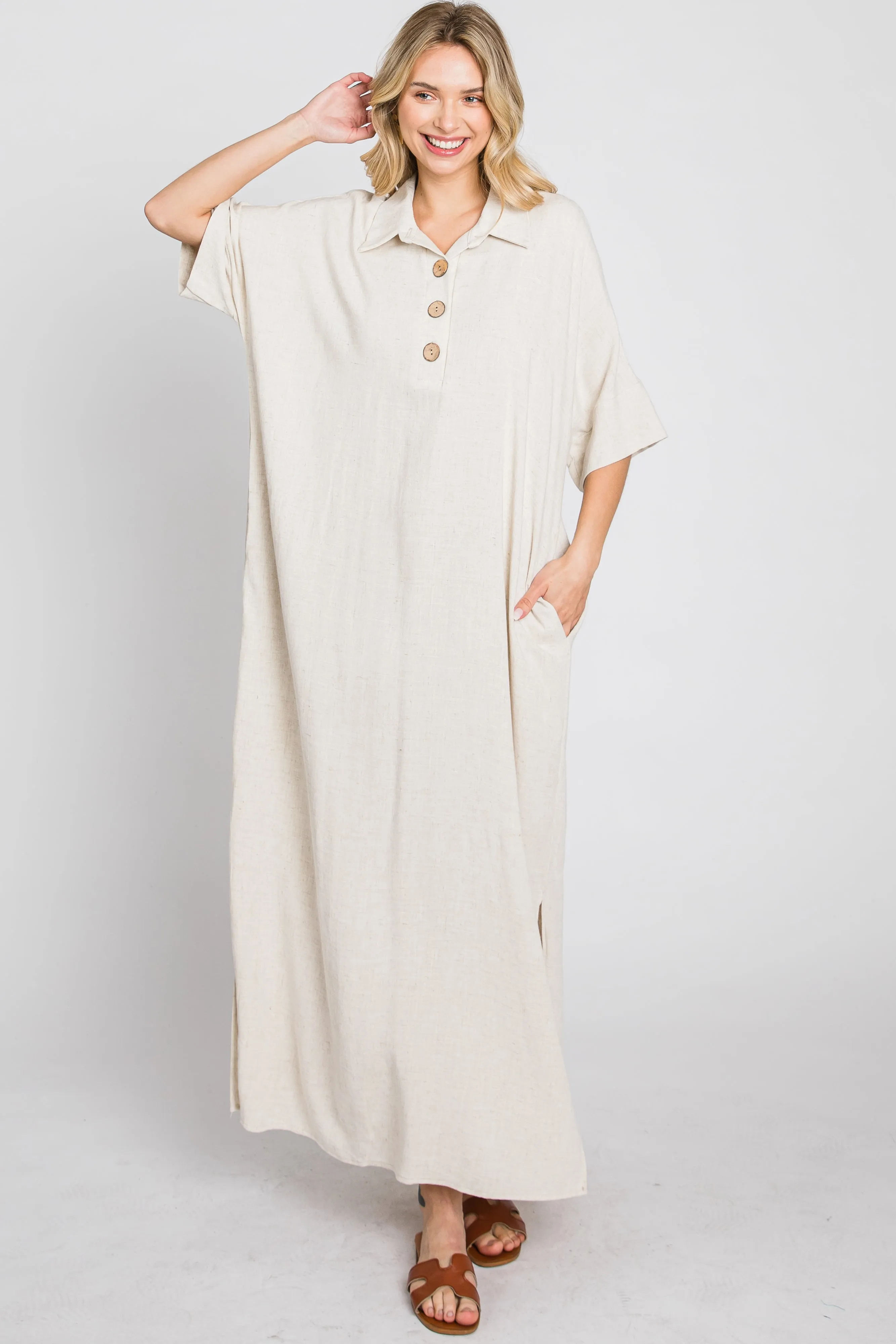 Beige Collared Linen Maxi Dress sold by Pinkblush product image thumbnail 4