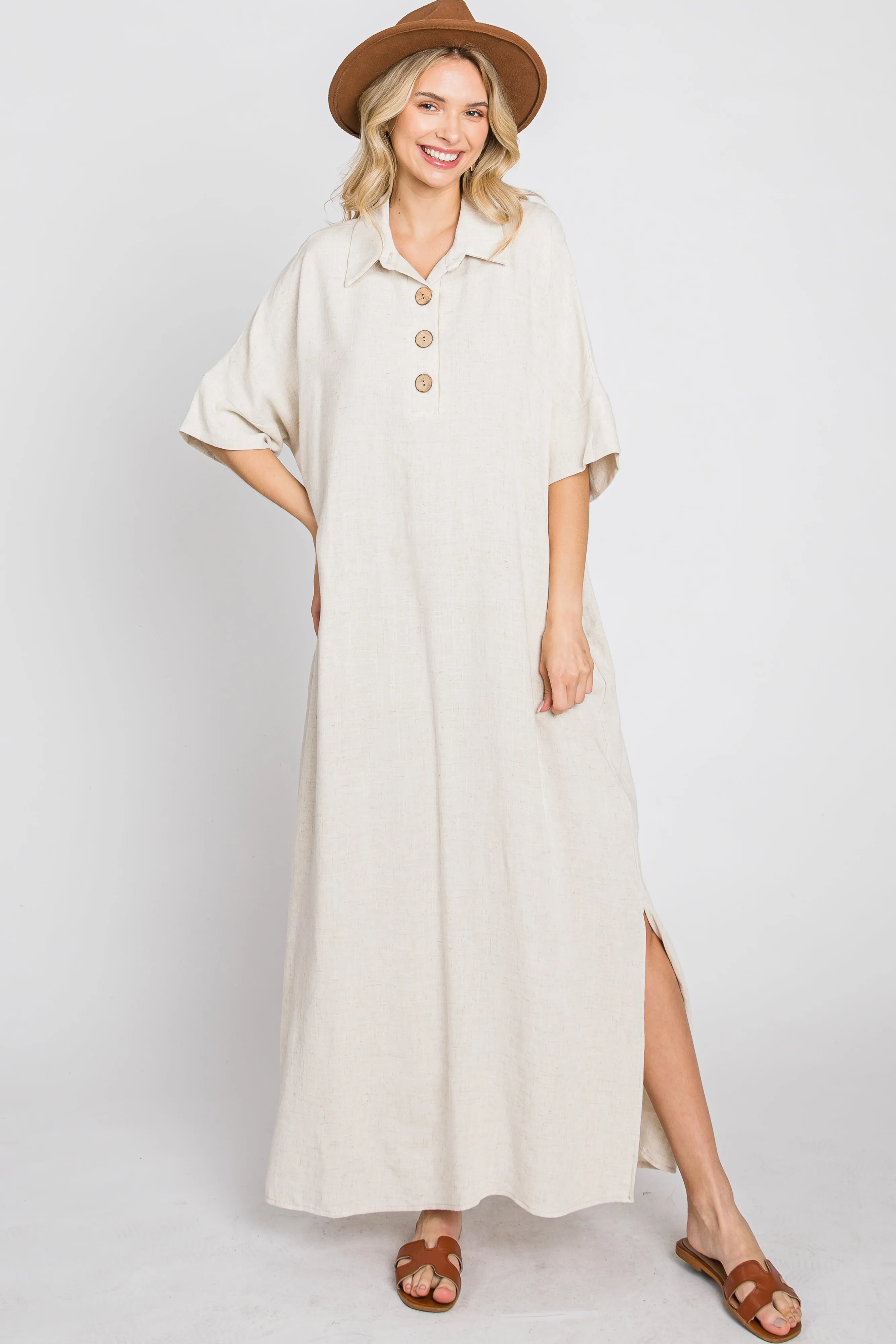 Beige Collared Linen Maxi Dress sold by Pinkblush