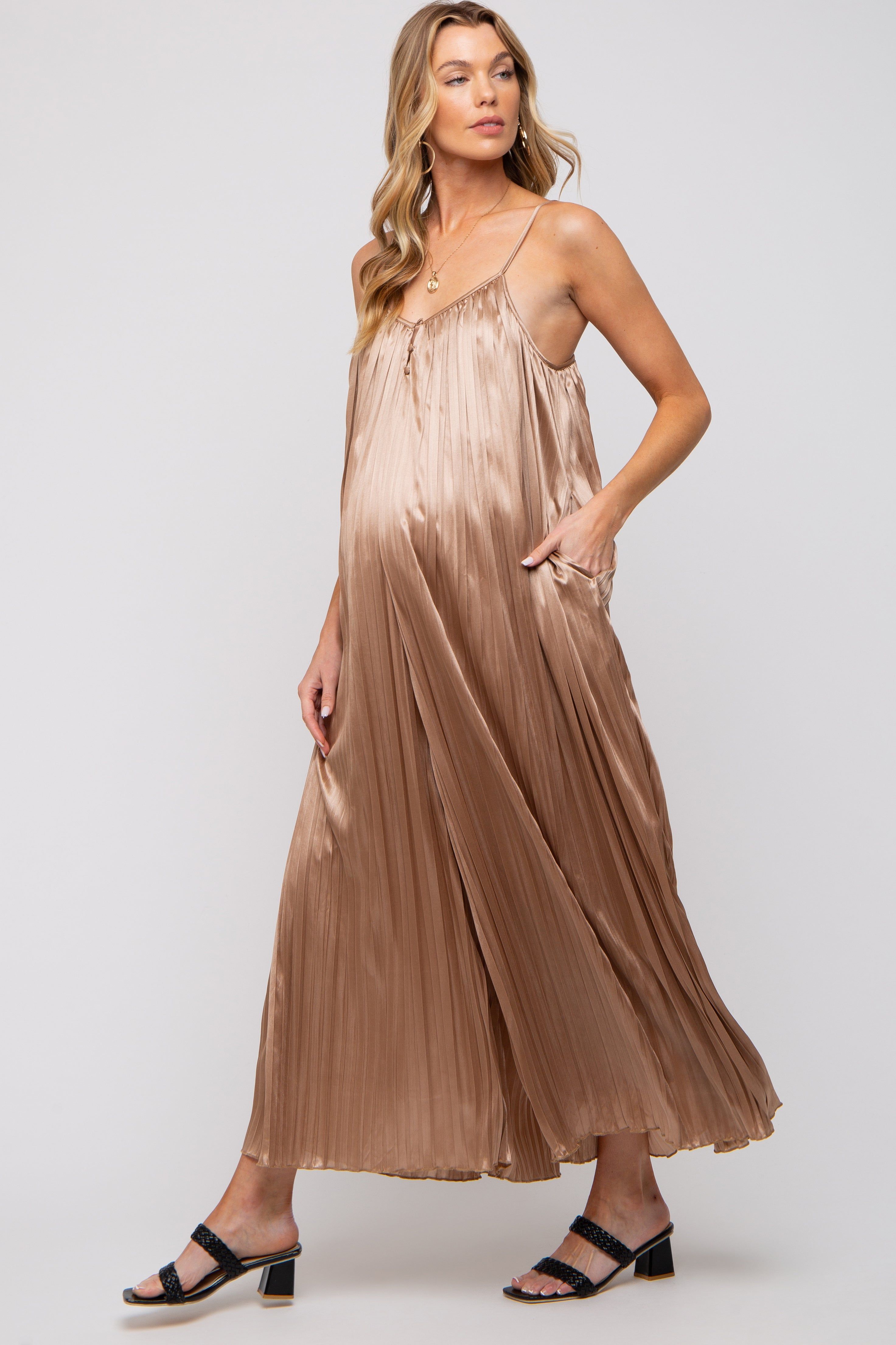 Mocha Pleated Wide Leg Sleeveless Maternity Jumpsuit sold by Pinkblush