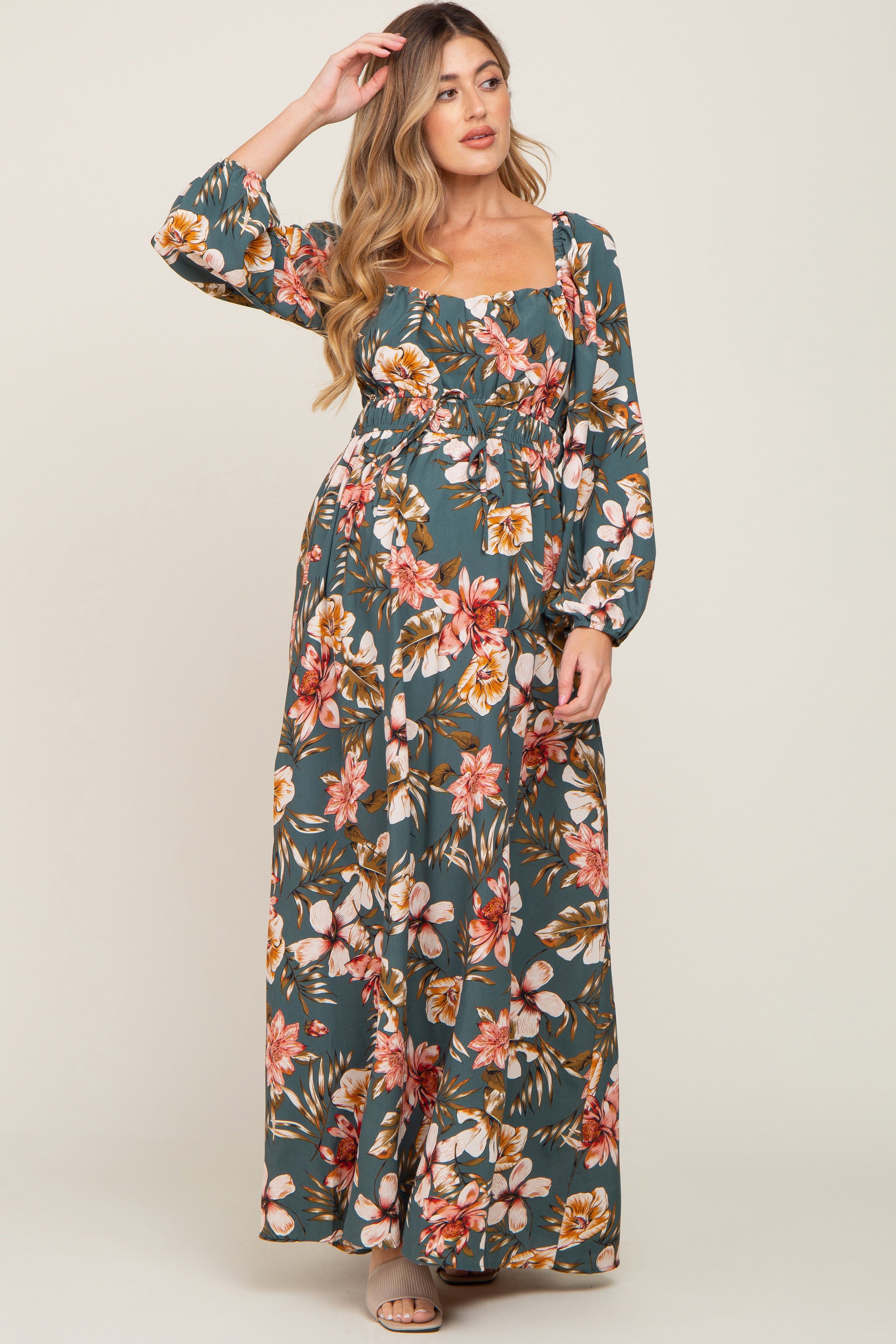 Teal Tropical Floral Maternity Maxi Dress sold by Pinkblush product image thumbnail 2