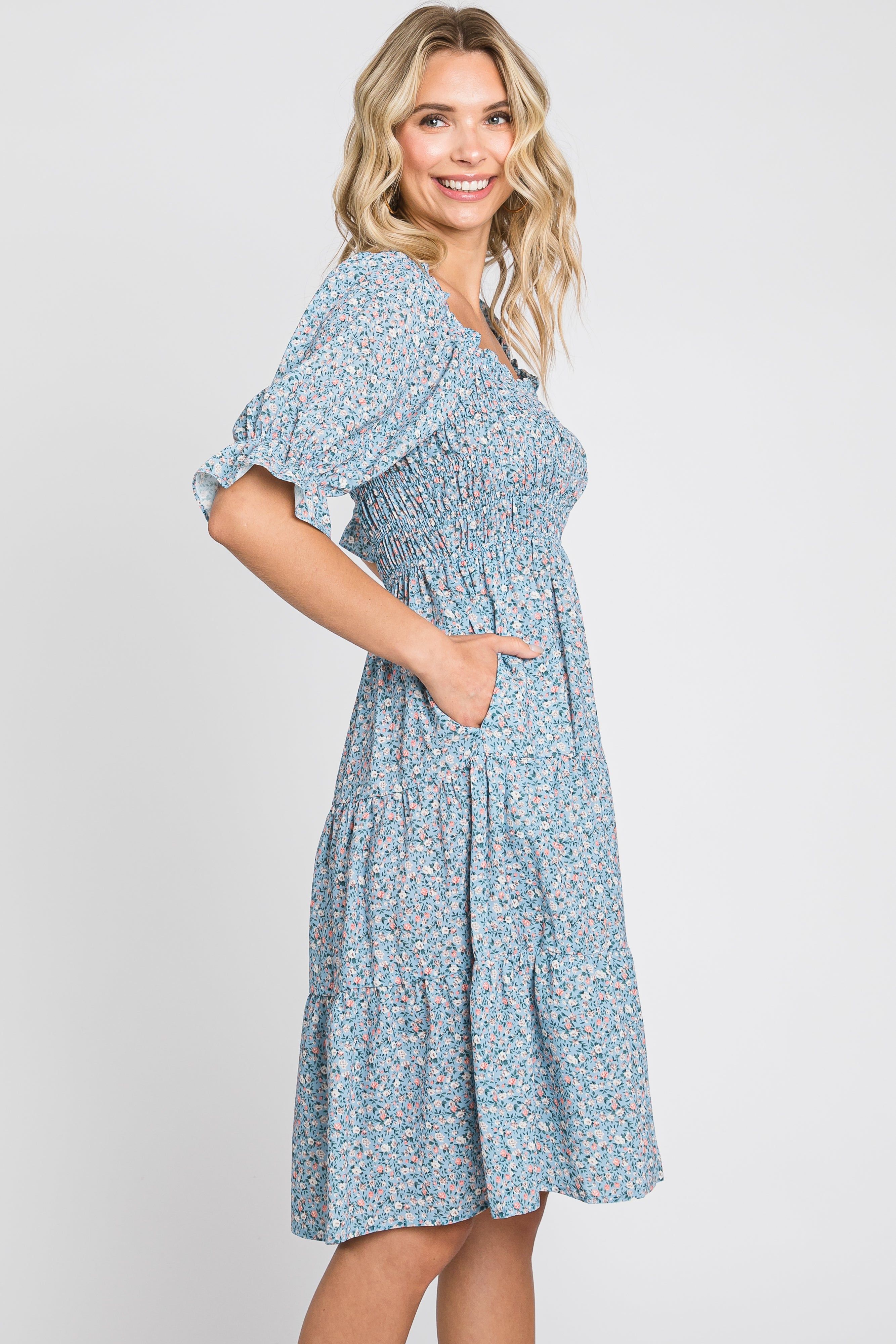 Blue Floral Smocked Tiered Dress sold by Pinkblush product image thumbnail 3