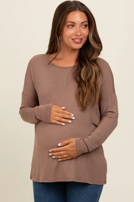 Mocha Drop Shoulder Maternity Long Sleeve Top sold by Pinkblush