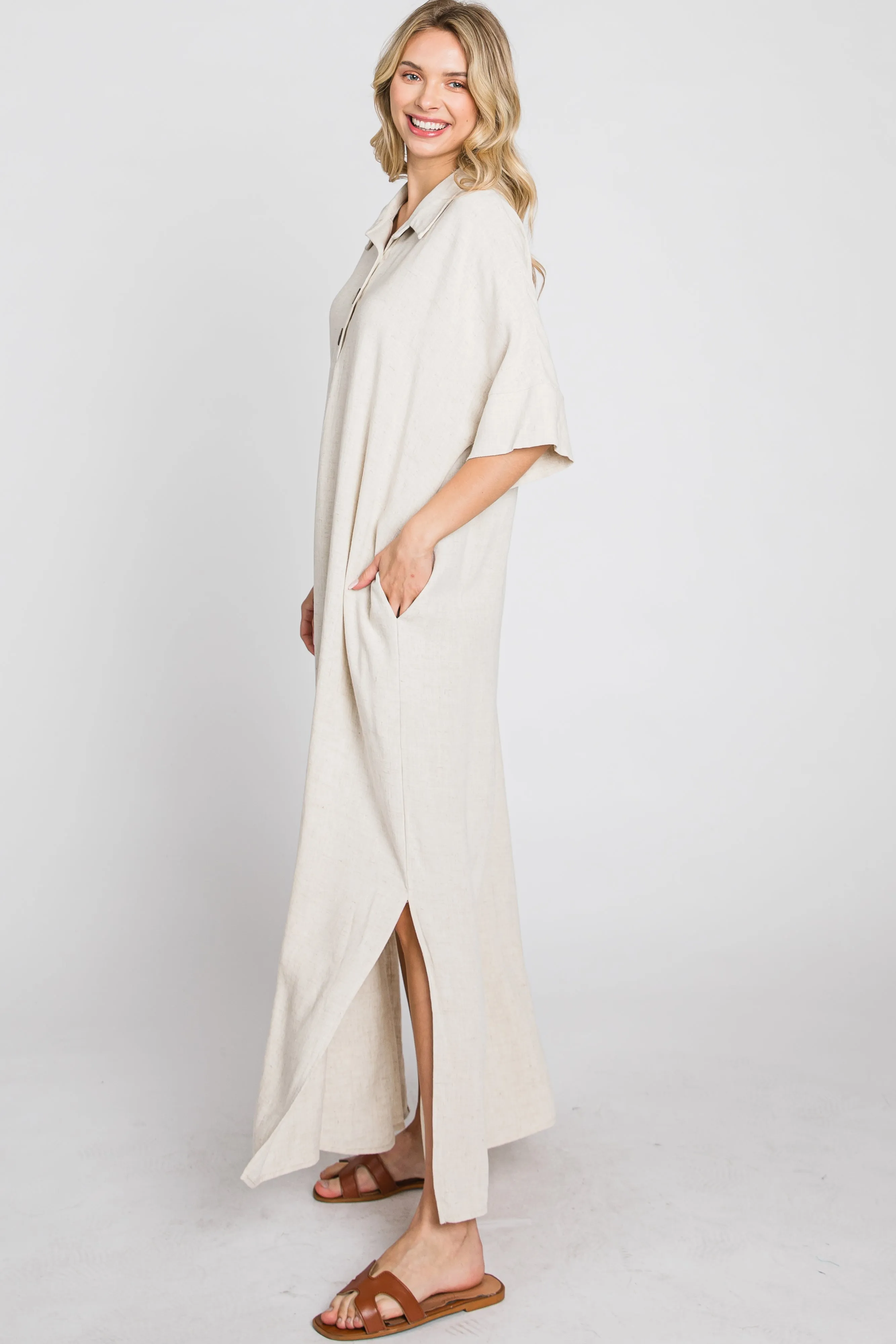 Beige Collared Linen Maxi Dress sold by Pinkblush product image thumbnail 5