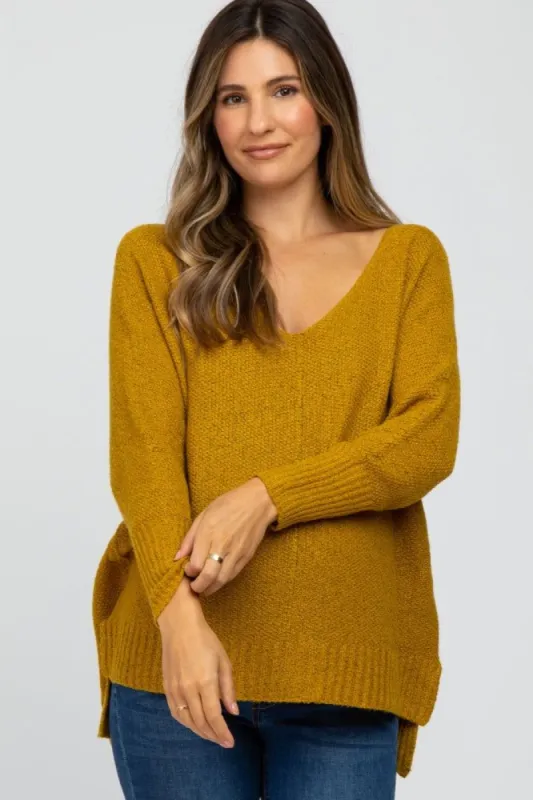 Mustard V-Neck Side Slit Maternity Sweater sold by Pinkblush