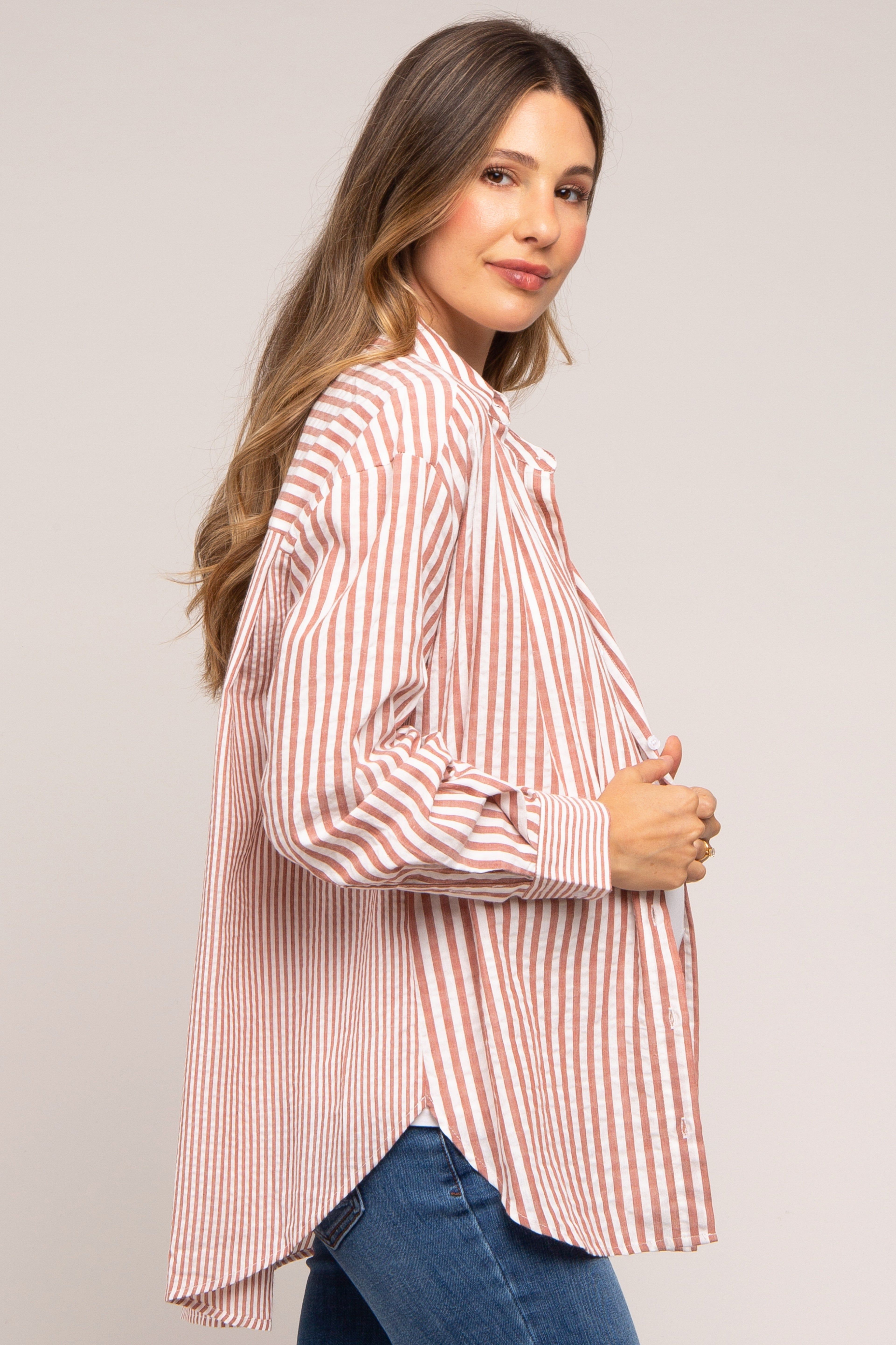 Mauve Striped Button Up Long Sleeve Maternity Top sold by Pinkblush product image thumbnail 2