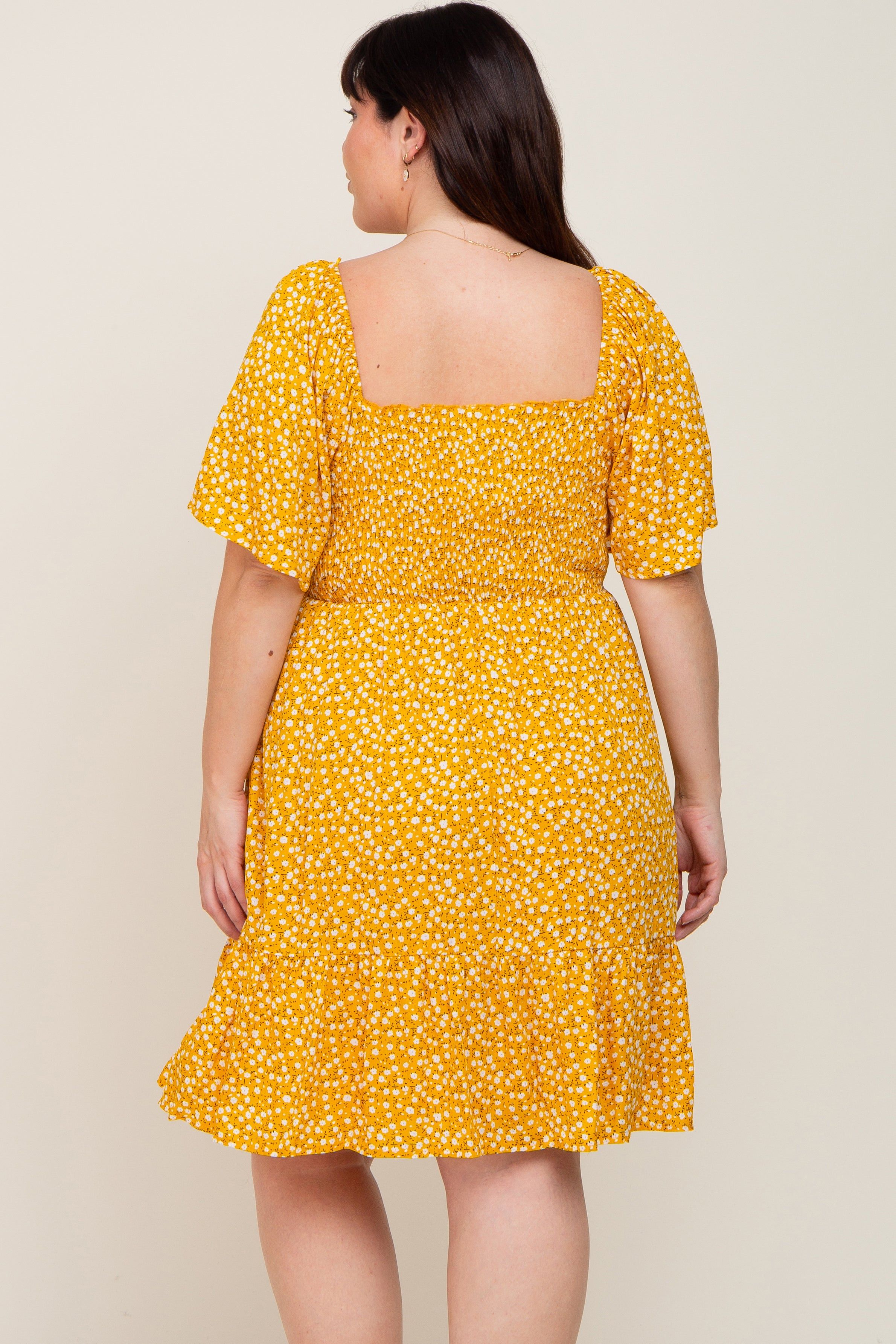 Yellow Floral Smocked Square Neck Ruffle Hem Plus Dress sold by Pinkblush product image thumbnail 3
