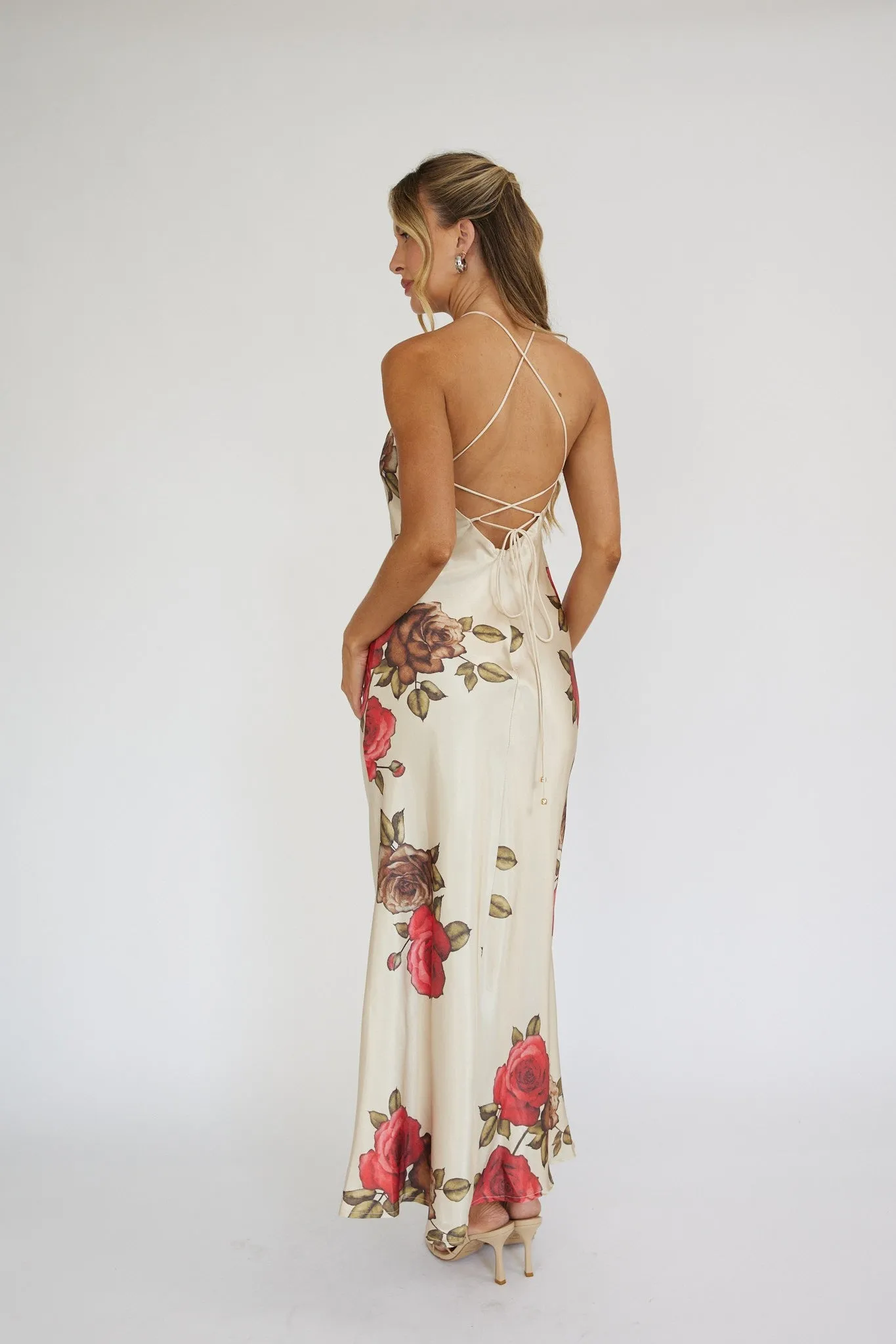 Beige Halterneck Floral Print Ruched Front Maxi Dress sold by Pinkblush product image thumbnail 2