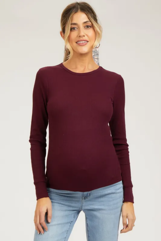 Burgundy Waffle Knit Basic Long Sleeve Maternity Top sold by Pinkblush