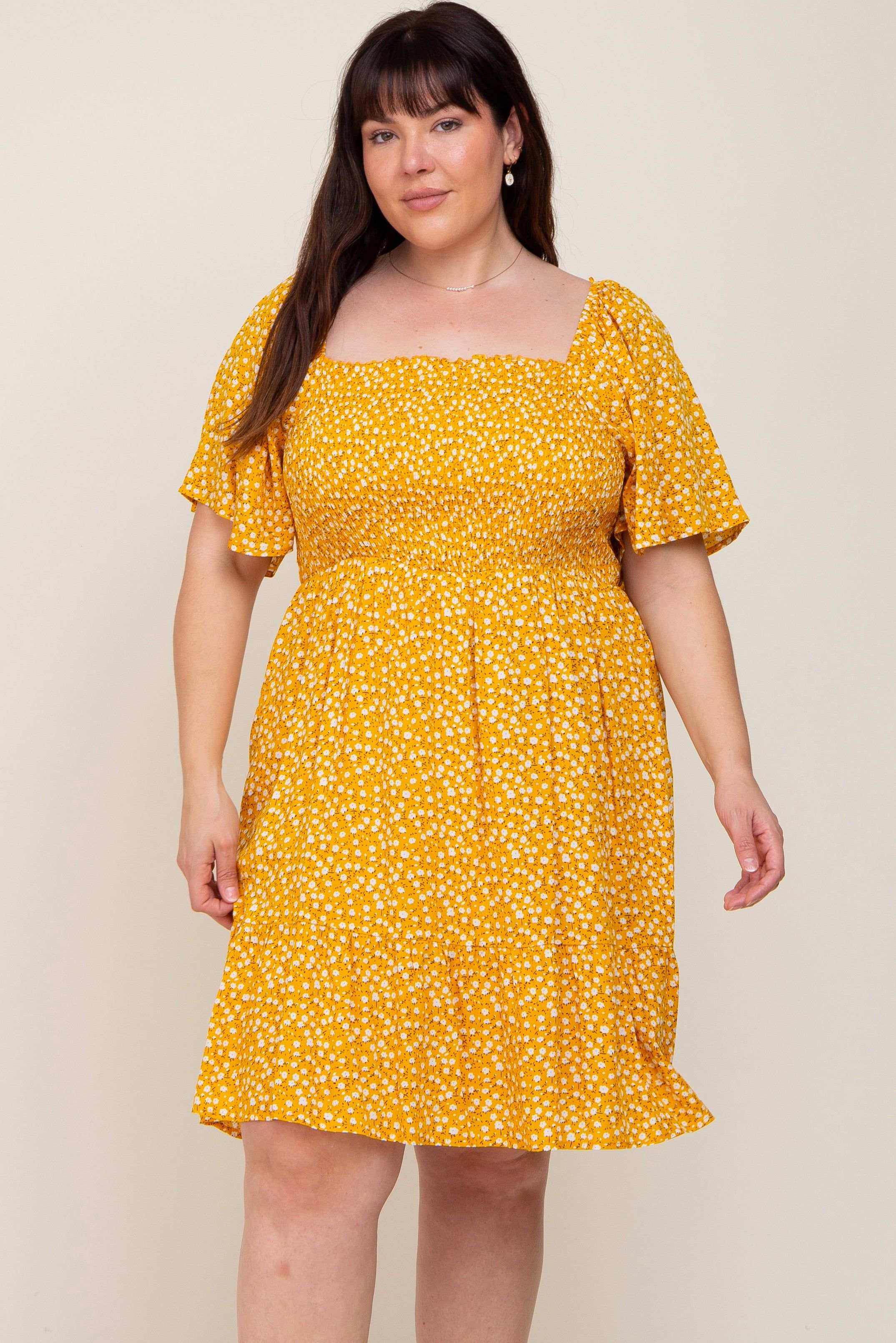 Yellow Floral Smocked Square Neck Ruffle Hem Plus Dress sold by Pinkblush