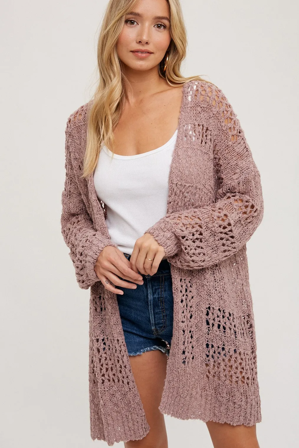 Mauve Open Knit Long Cardigan sold by Pinkblush